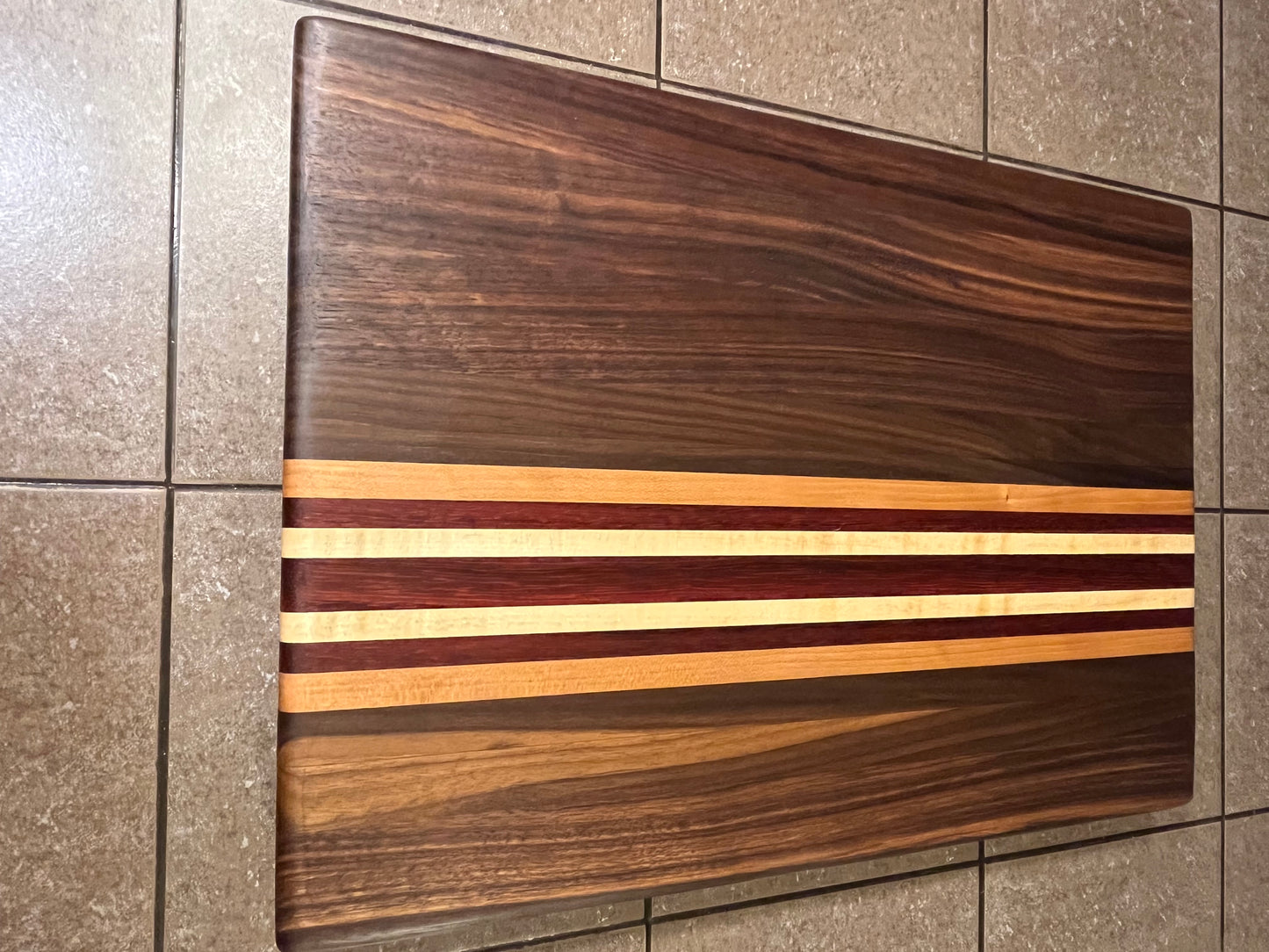 18"L X 13"W X 2"H Edge Grain Cutting Board-Walnut, with Cherry, Maple, Padauk accent strips-rubber feet added