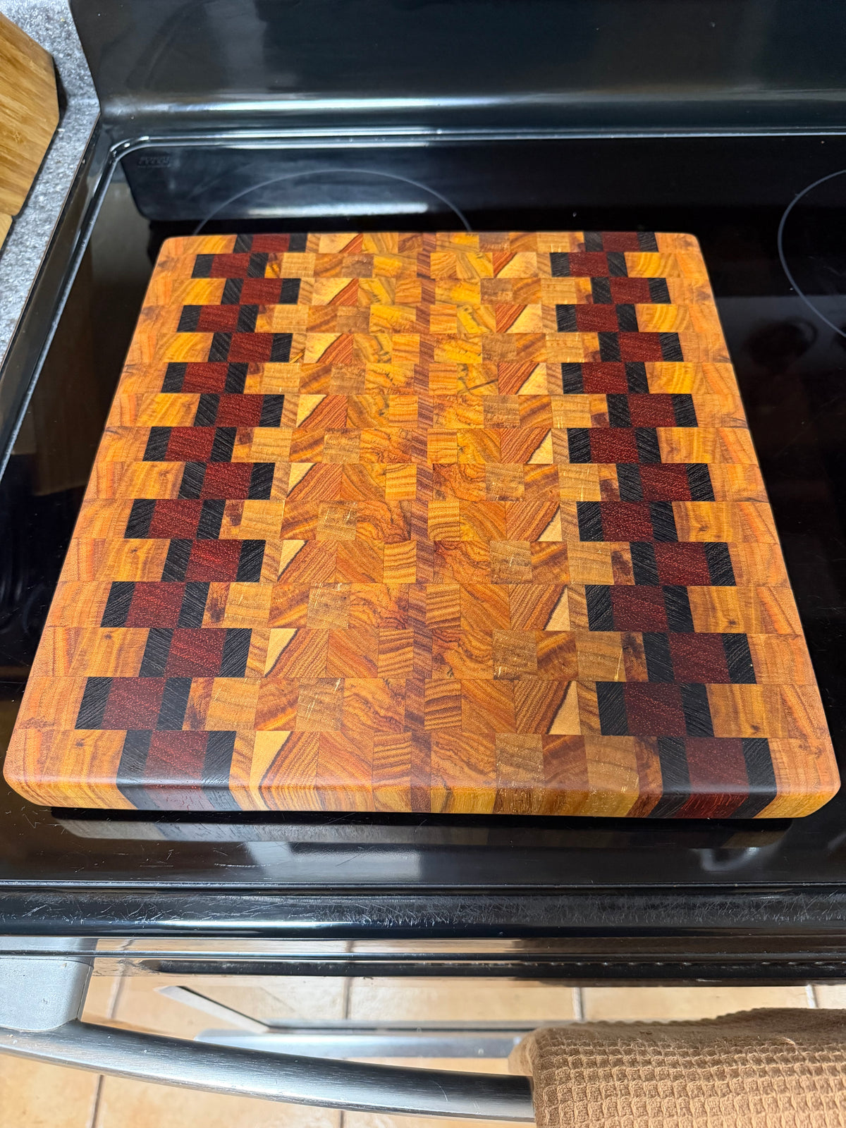 12-3/4"X12-1/4"X1-1/4" Canarywood w/African Padauk & Wenge End Grain Cutting Board