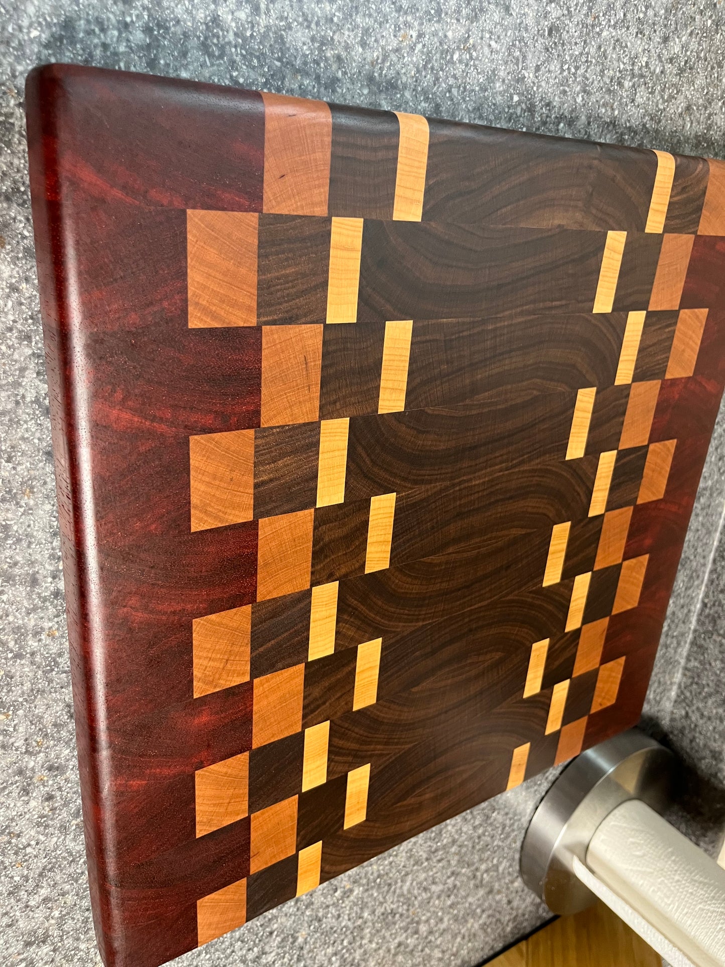17"X16-1/2"X1-1-2" Walnut w/Cherry, Maple, Padauk- End Grain Cutting Board