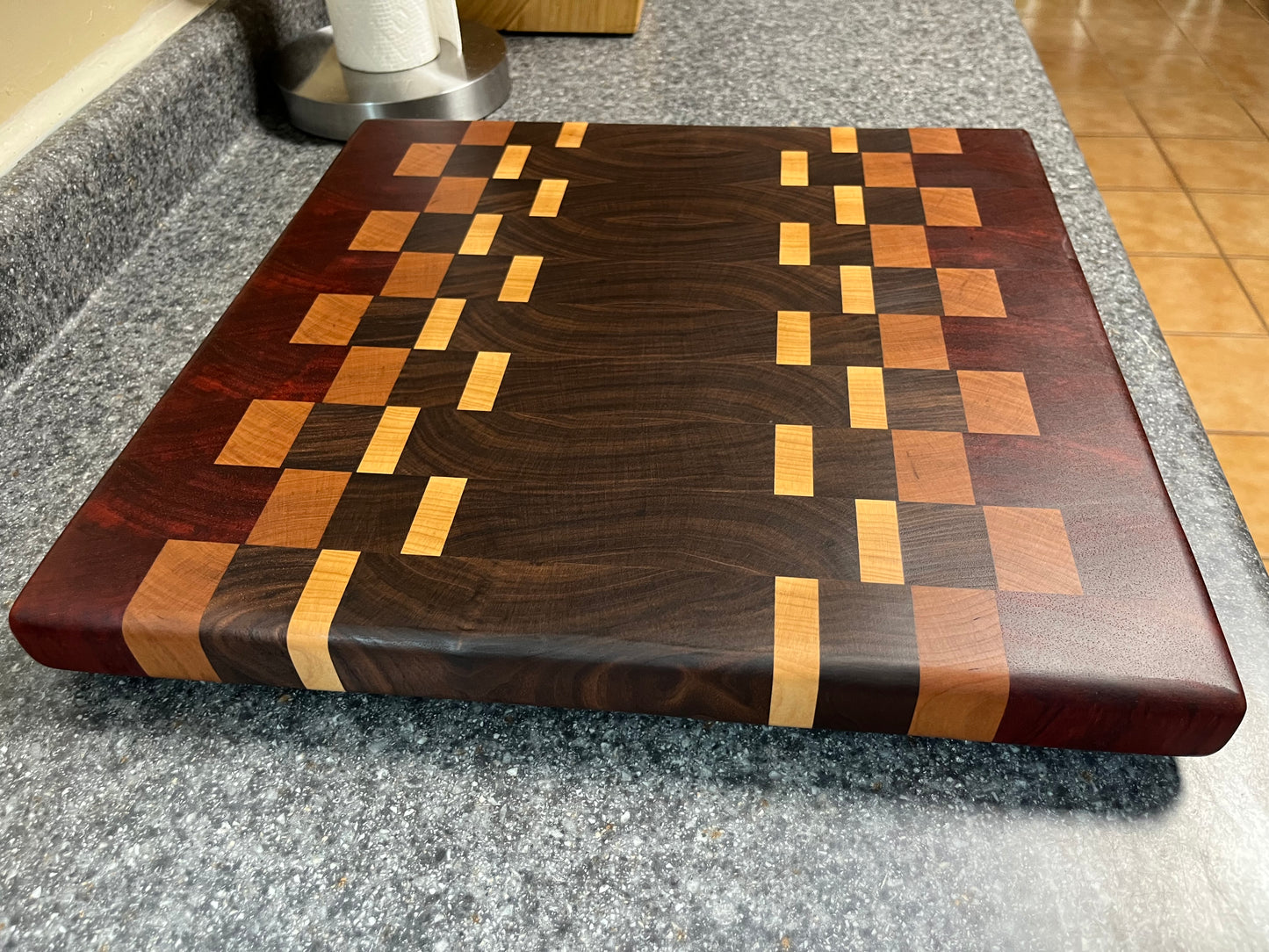 17"X16-1/2"X1-1-2" Walnut w/Cherry, Maple, Padauk- End Grain Cutting Board