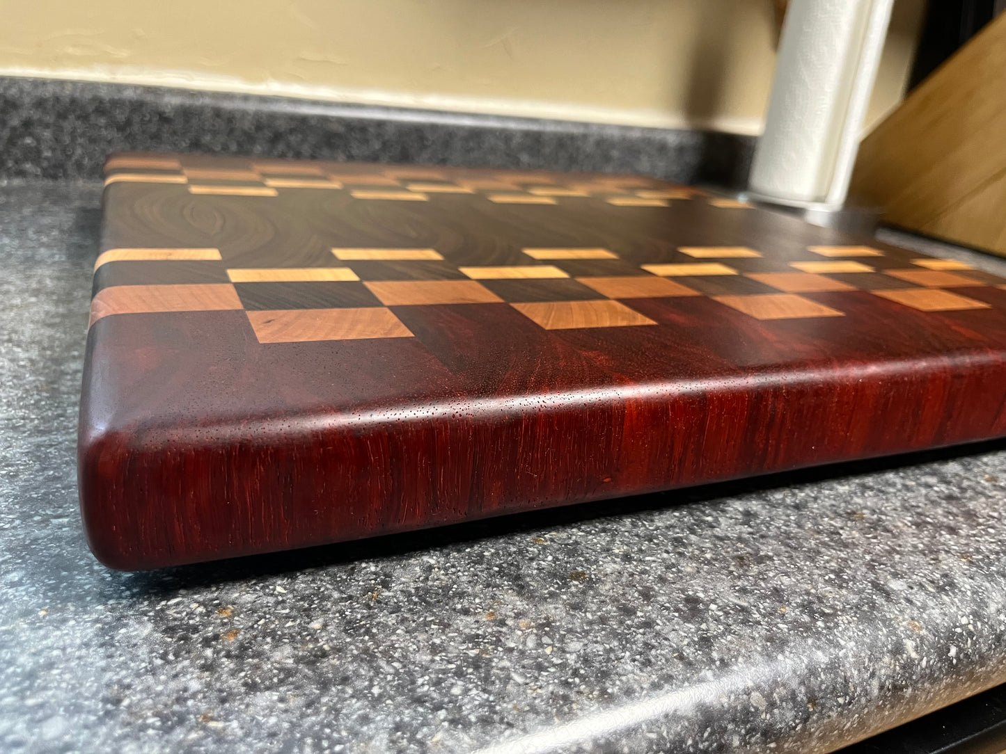 17"X16-1/2"X1-1-2" Walnut w/Cherry, Maple, Padauk- End Grain Cutting Board