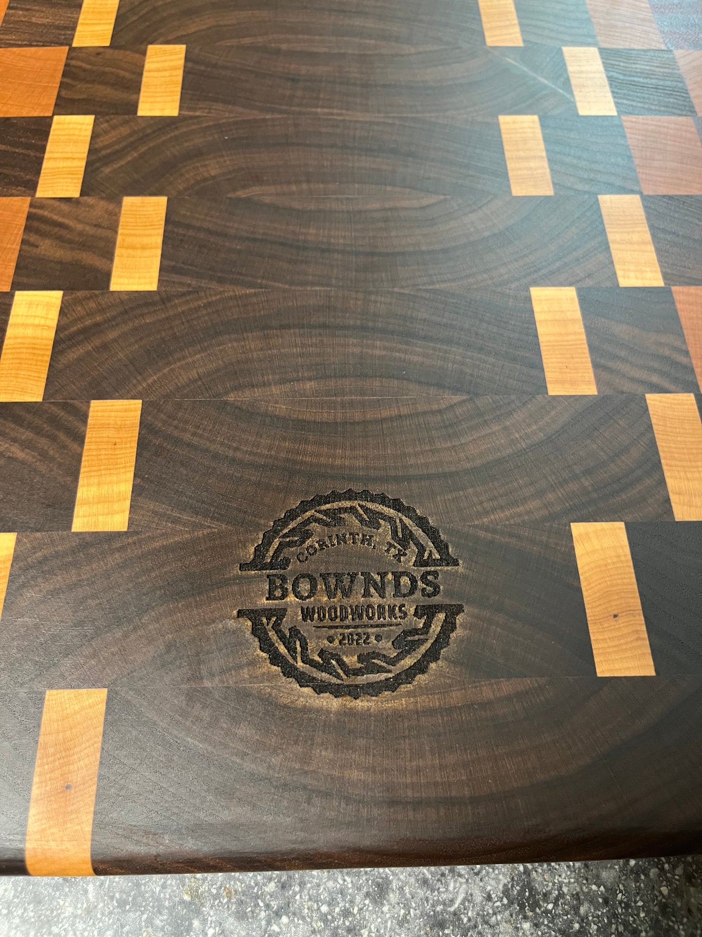 17"X16-1/2"X1-1-2" Walnut w/Cherry, Maple, Padauk- End Grain Cutting Board