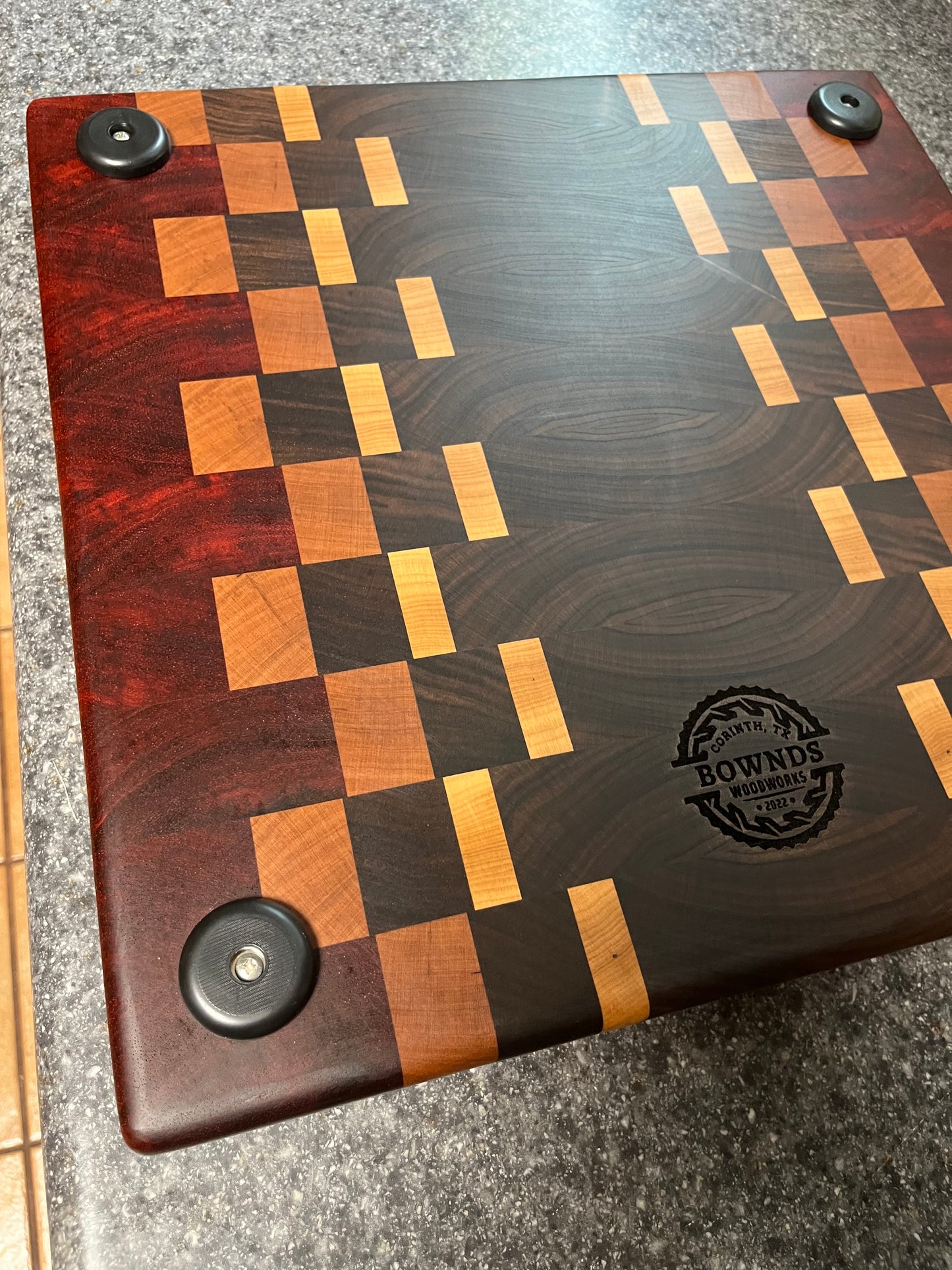 17"X16-1/2"X1-1-2" Walnut w/Cherry, Maple, Padauk- End Grain Cutting Board