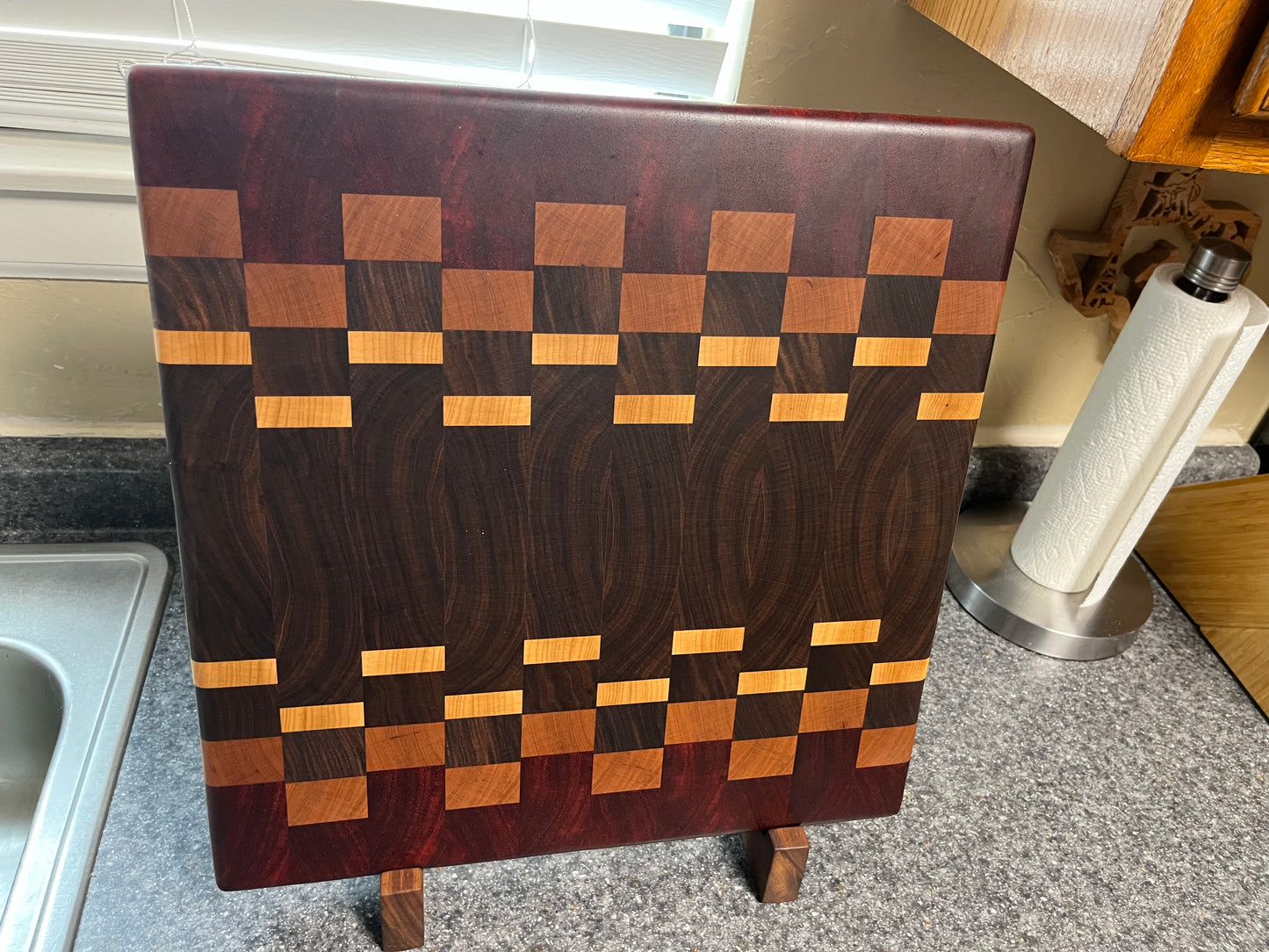 17"X16-1/2"X1-1-2" Walnut w/Cherry, Maple, Padauk- End Grain Cutting Board