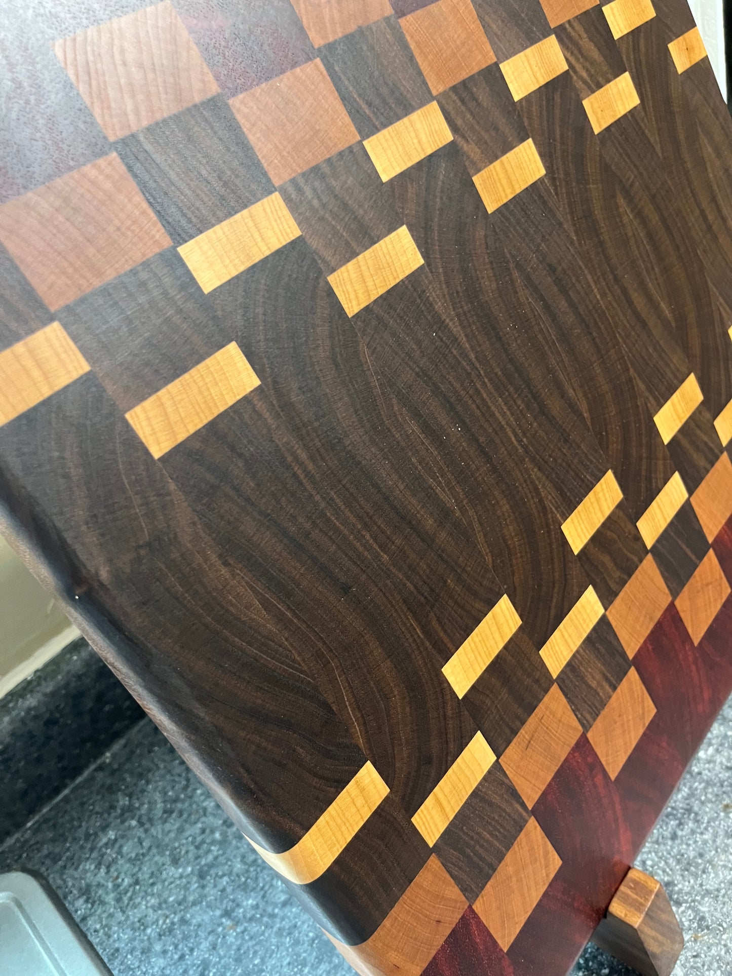 17"X16-1/2"X1-1-2" Walnut w/Cherry, Maple, Padauk- End Grain Cutting Board