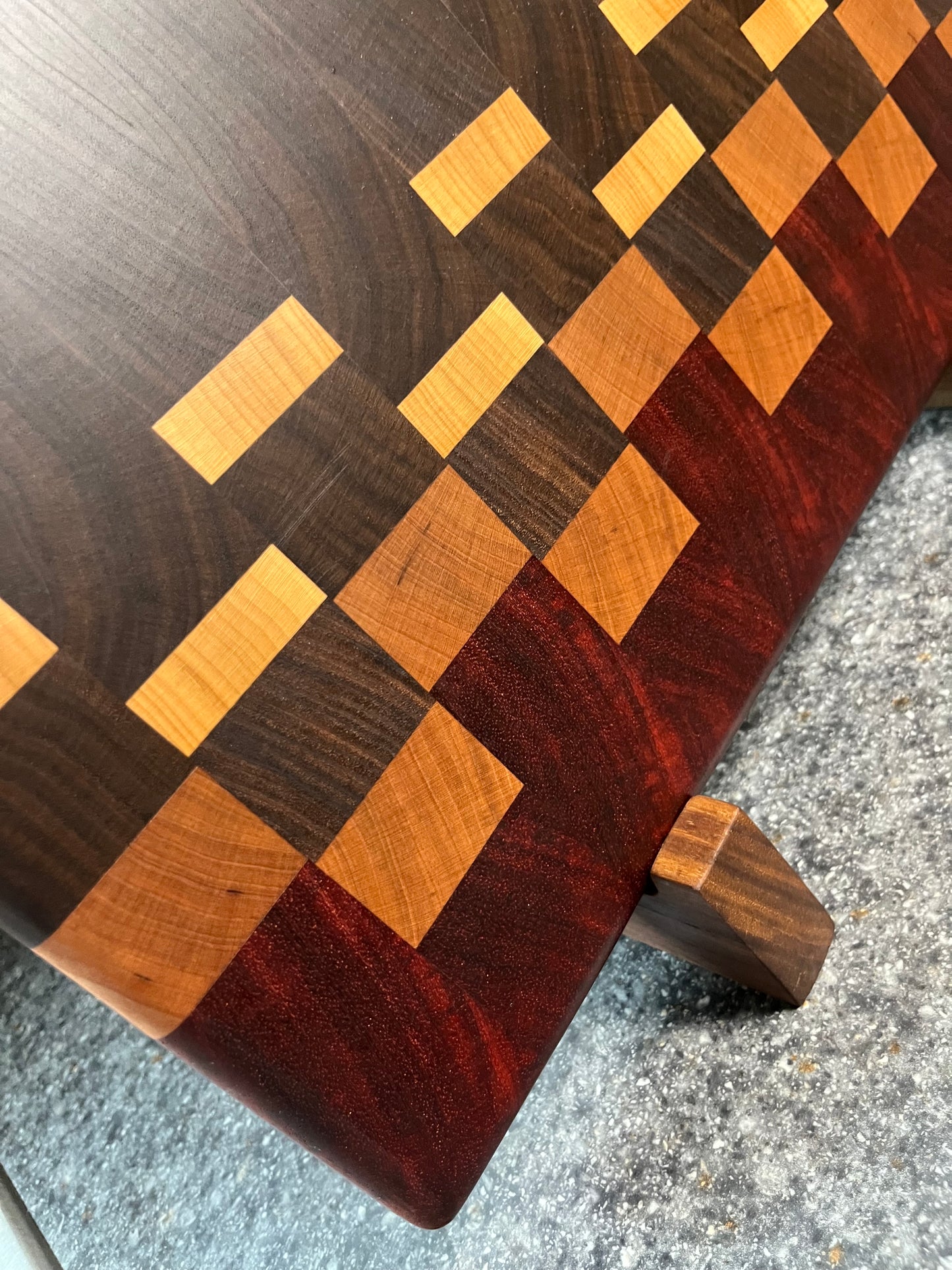 17"X16-1/2"X1-1-2" Walnut w/Cherry, Maple, Padauk- End Grain Cutting Board w/ rubber feet