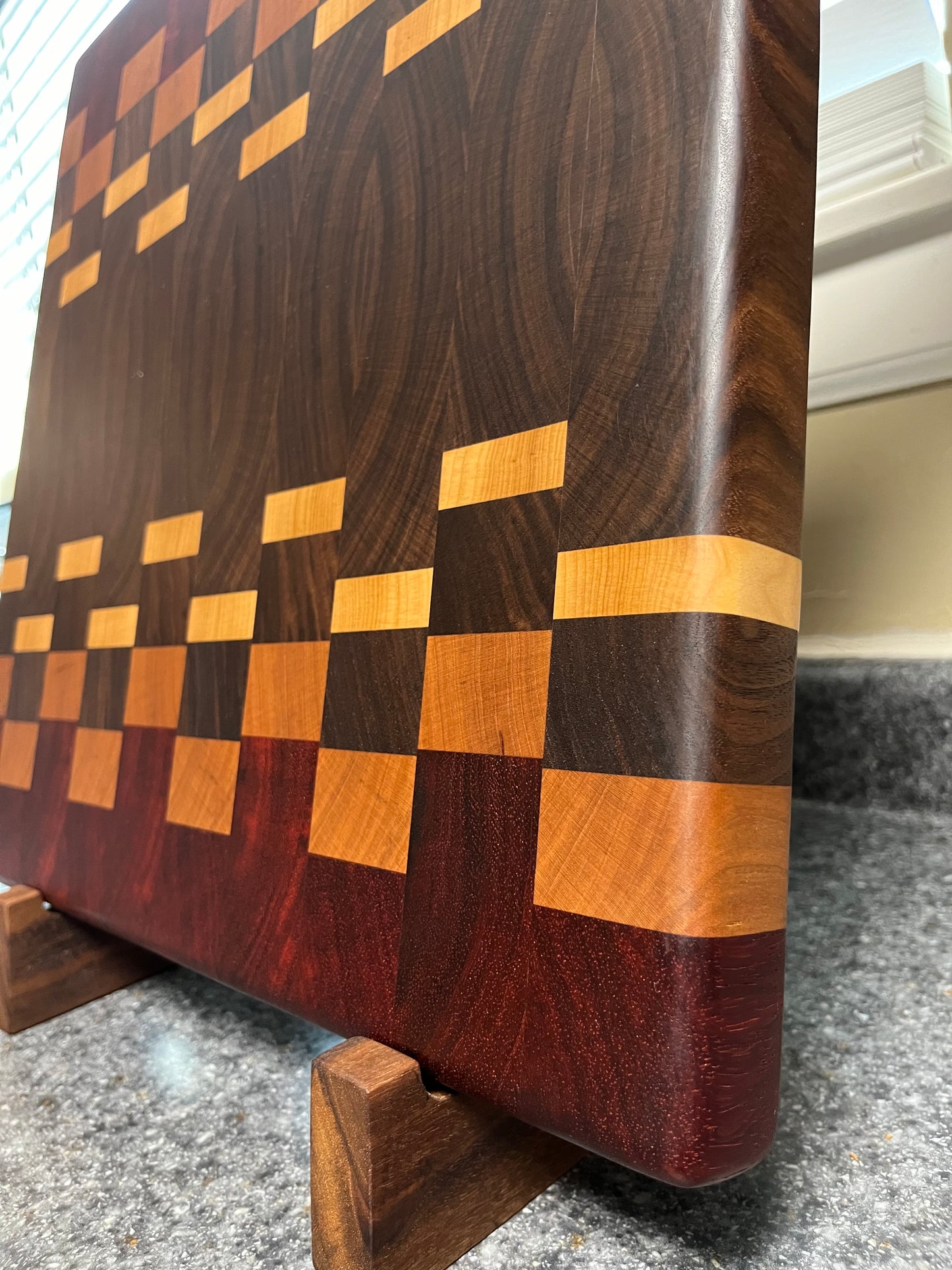 17"X16-1/2"X1-1-2" Walnut w/Cherry, Maple, Padauk- End Grain Cutting Board