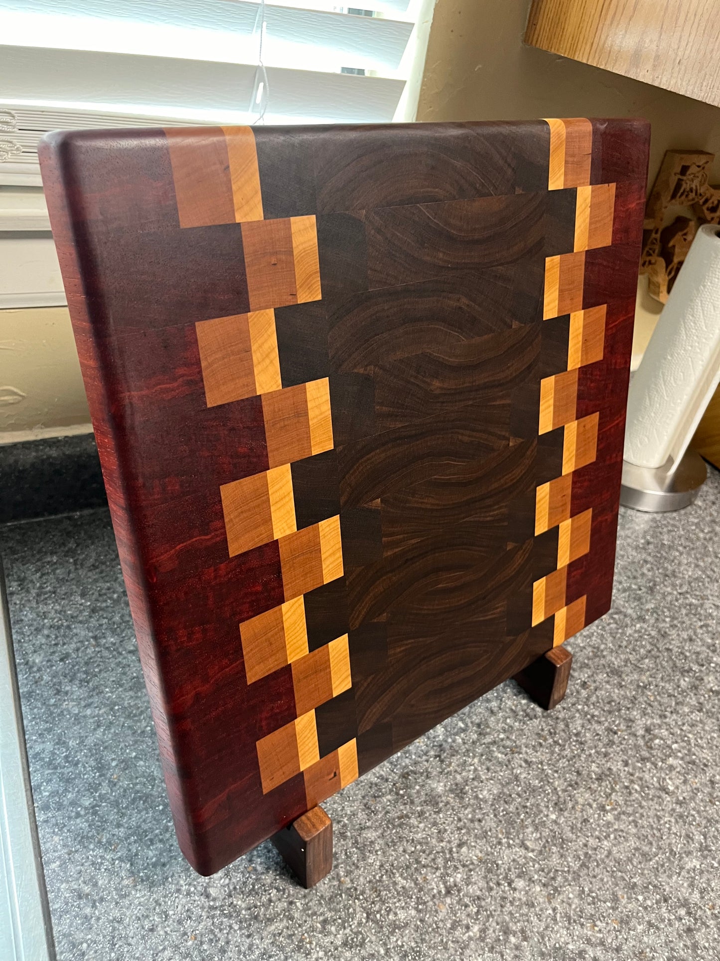 17"X16-1/2"X1-1-2" Walnut w/Cherry, Maple, Padauk- End Grain Cutting Board