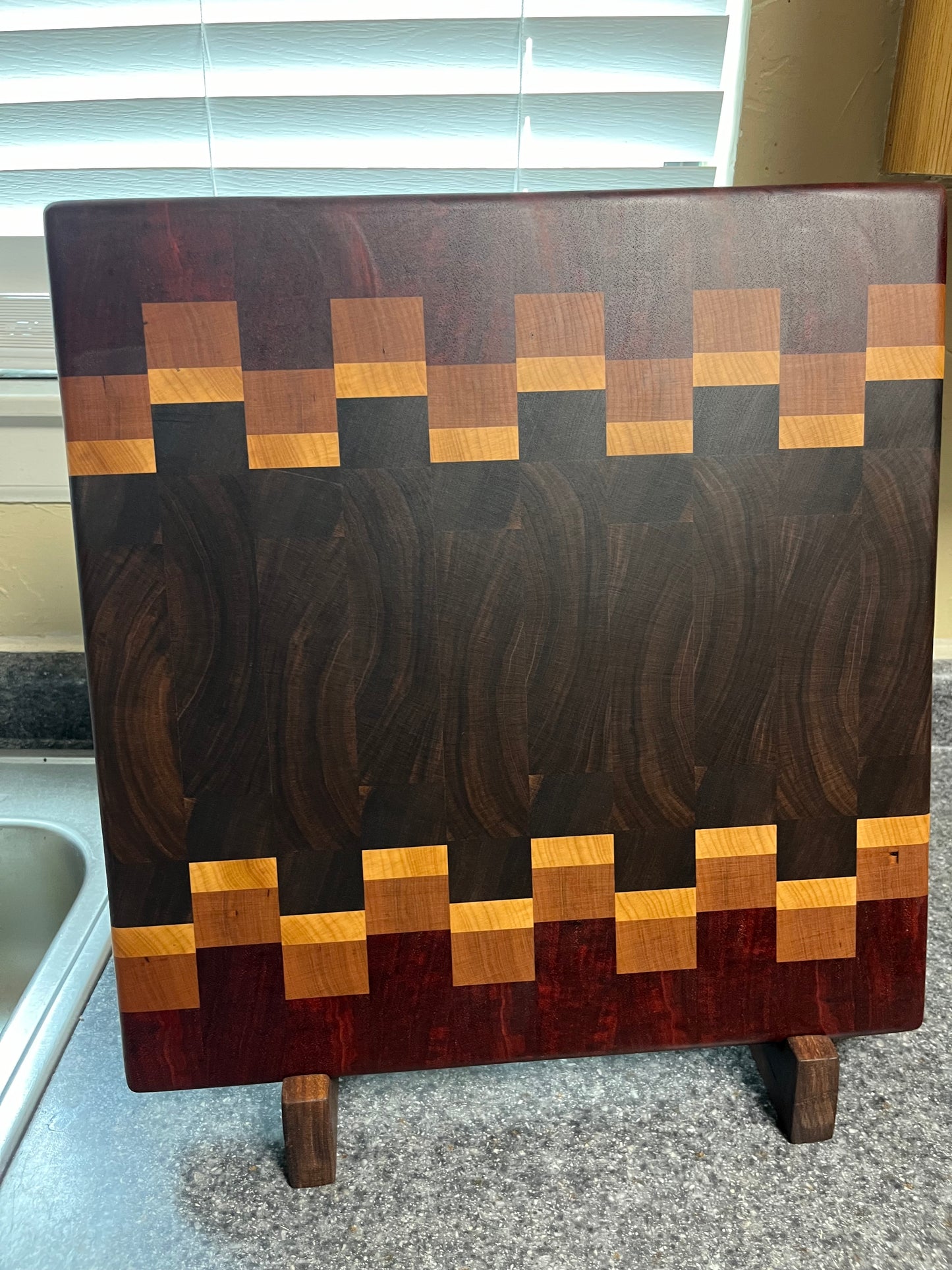 17"X16-1/2"X1-1-2" Walnut w/Cherry, Maple, Padauk- End Grain Cutting Board