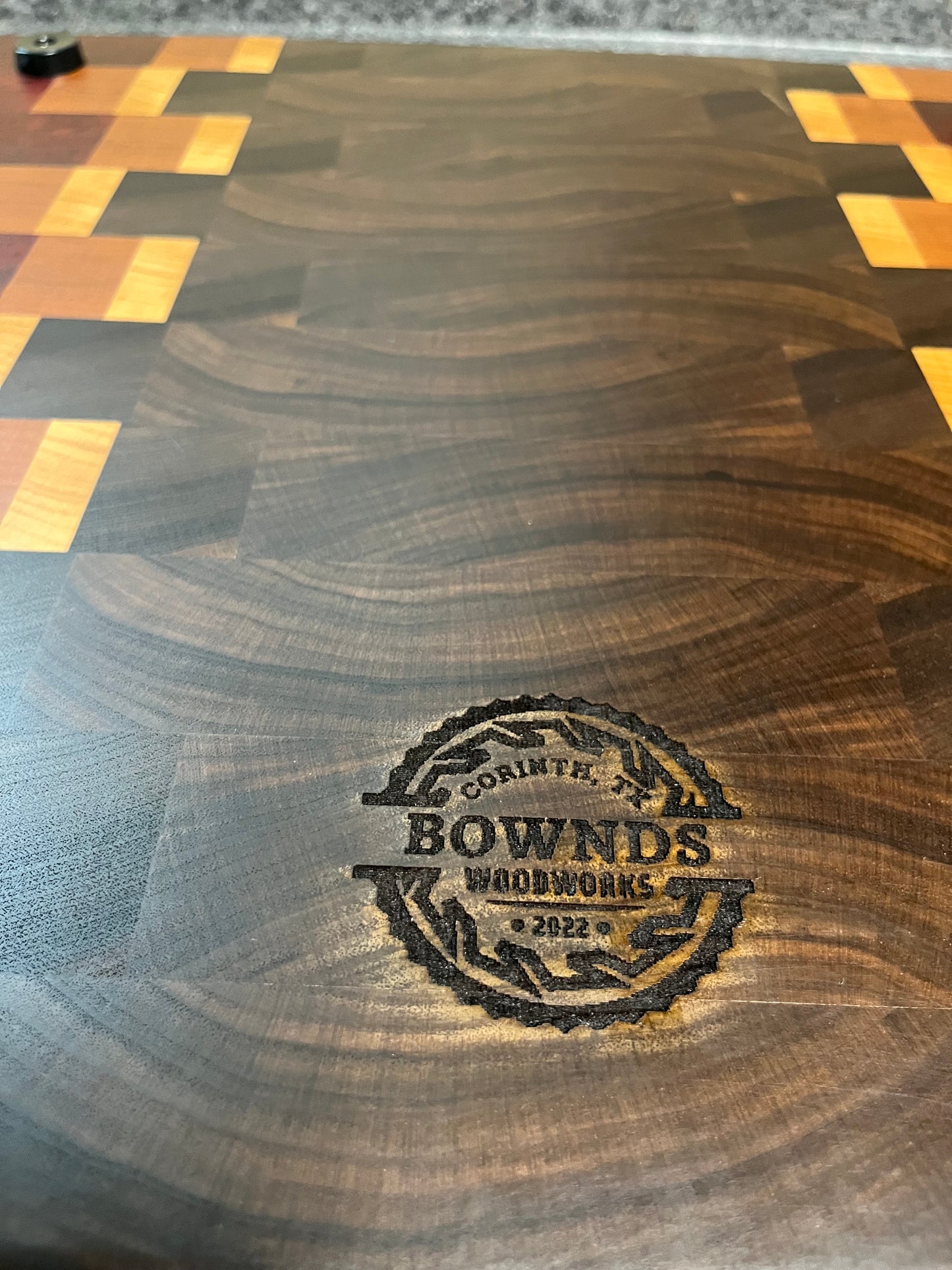 17"X16-1/2"X1-1-2" Walnut w/Cherry, Maple, Padauk- End Grain Cutting Board