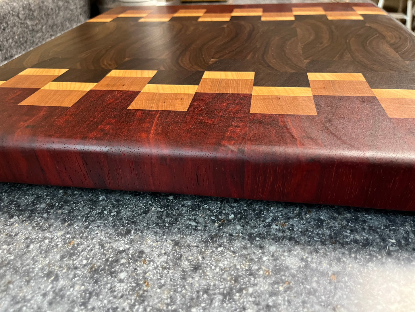 17"X16-1/2"X1-1-2" Walnut w/Cherry, Maple, Padauk- End Grain Cutting Board