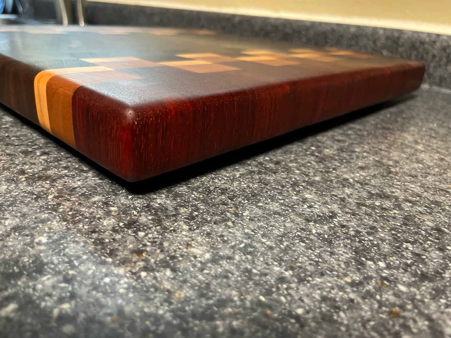 17"X16-1/2"X1-1-2" Walnut w/Cherry, Maple, Padauk- End Grain Cutting Board
