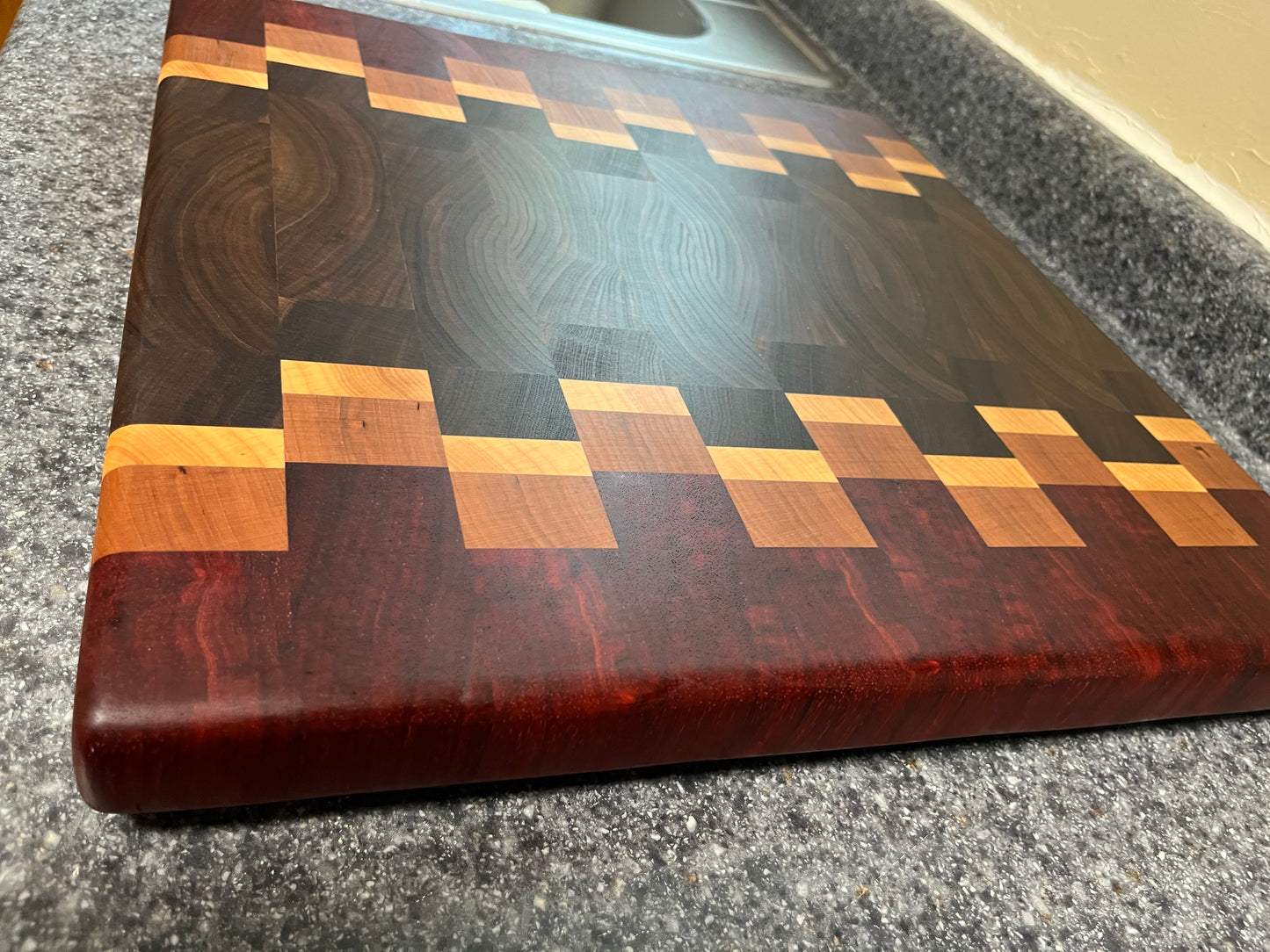 17"X16-1/2"X1-1-2" Walnut w/Cherry, Maple, Padauk- End Grain Cutting Board