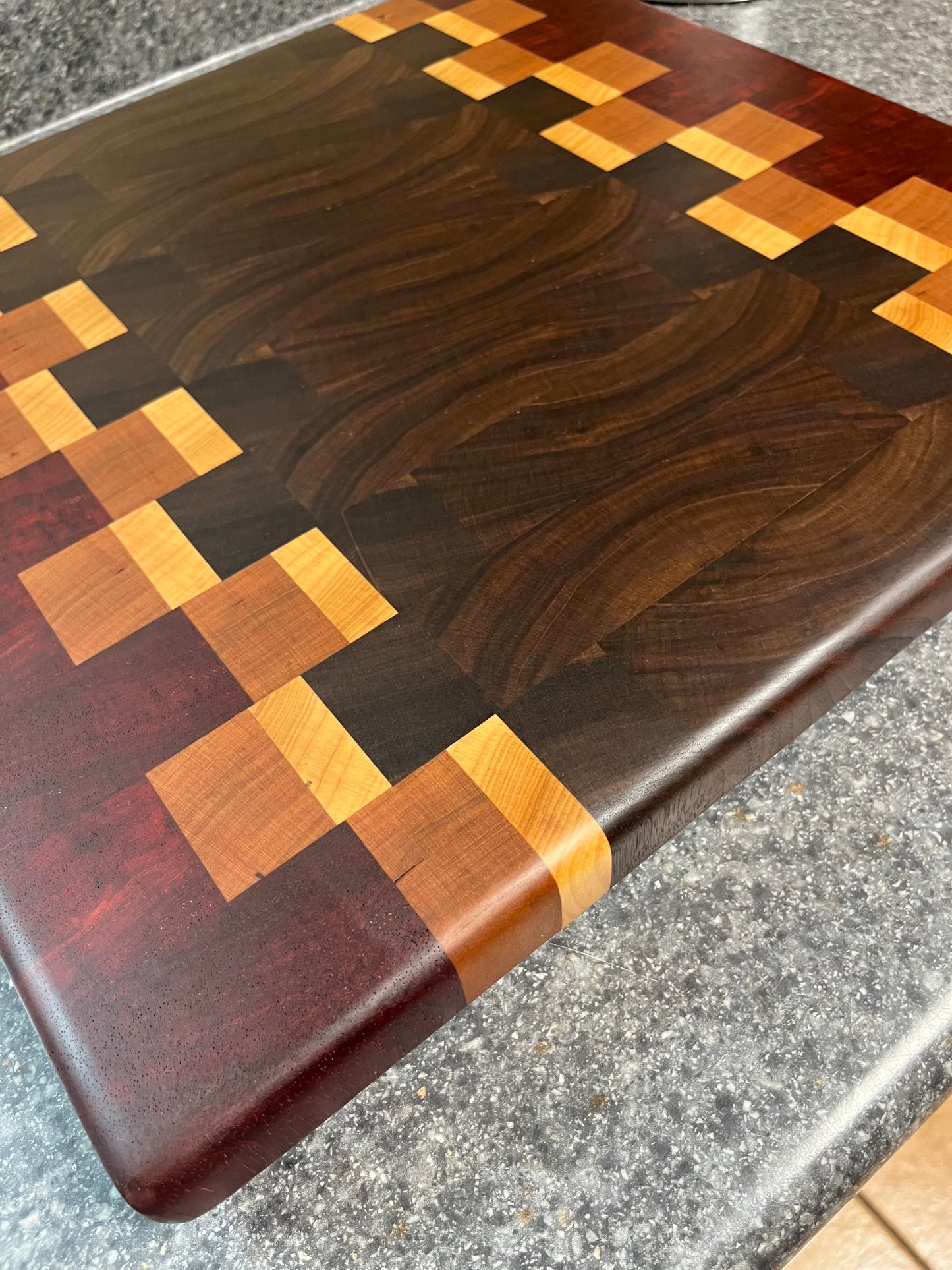 17"X16-1/2"X1-1-2" Walnut w/Cherry, Maple, Padauk- End Grain Cutting Board