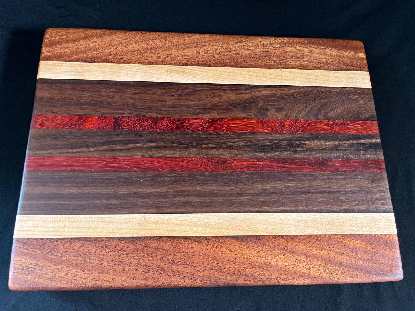 #1 15-1/4"X11-1/4"X1-3/8" Edge Grain Cutting Board-Walnut, Maple, Mahogany & Padauk w/rubber feet