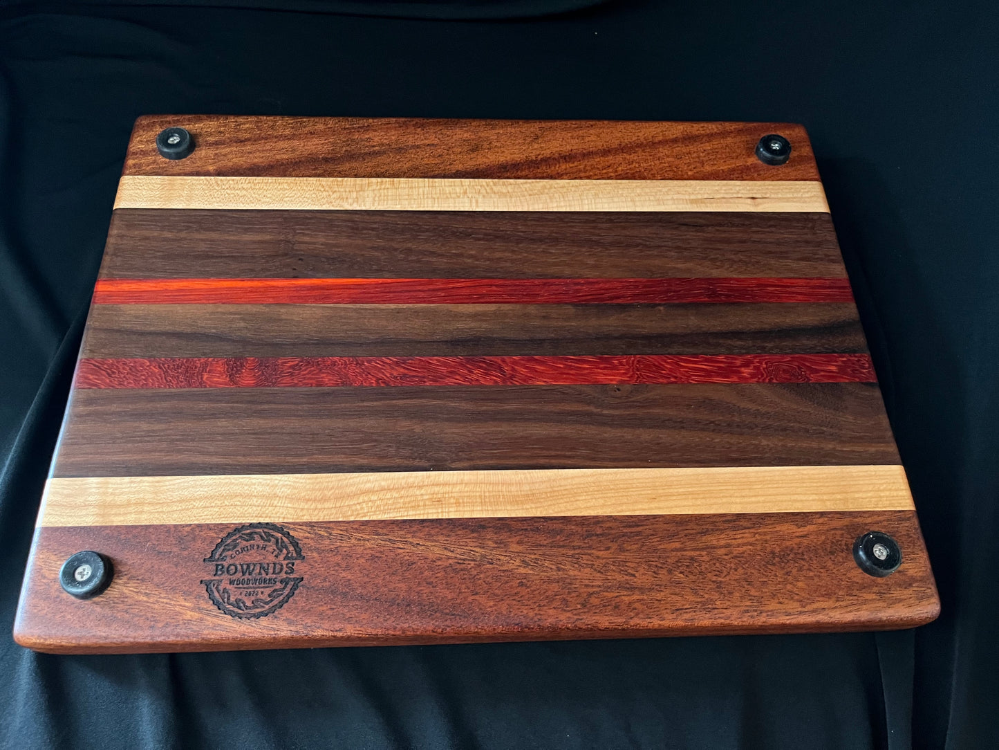 #1 15-1/4"X11-1/4"X1-3/8" Edge Grain Cutting Board-Walnut, Maple, Mahogany & Padauk w/rubber feet