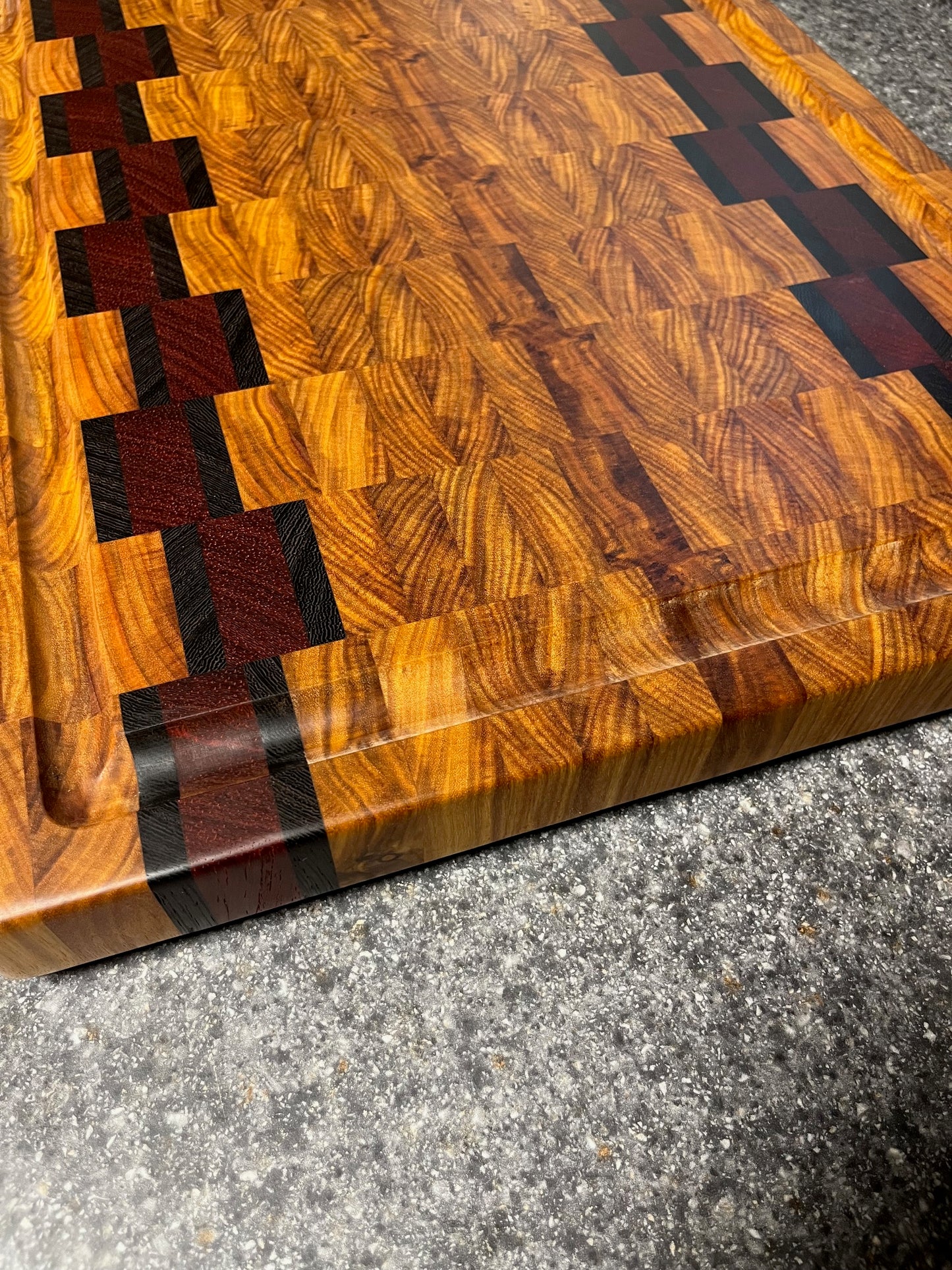 21" X 16" X 1-5/8" Canarywood w/Padauk & Wenge-End Grain Cutting Board w/Juice Groove