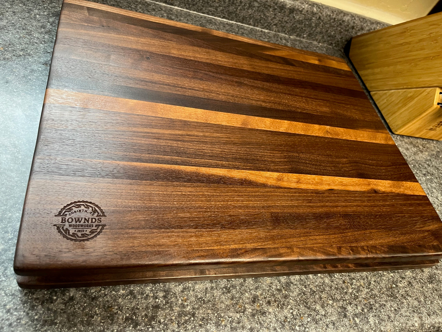 20" X 16-1/8" X 2" Walnut Edge Grain Cutting Board- w/juice groove and unique hand hold cut around the middle edges of the board