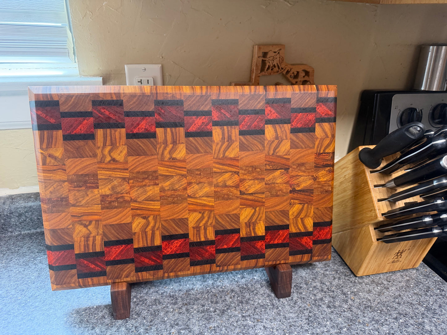 17-7/8"X11-3/4”X1-5/8” Canarywood w/Padauk & Wenge end grain cutting board -with beveled edges.