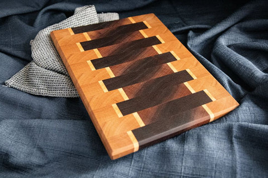 12-3/8" X 9-5/8" X 1" End Grain Cutting Board-Walnut, and cherry with maple accent strips with beveled edges