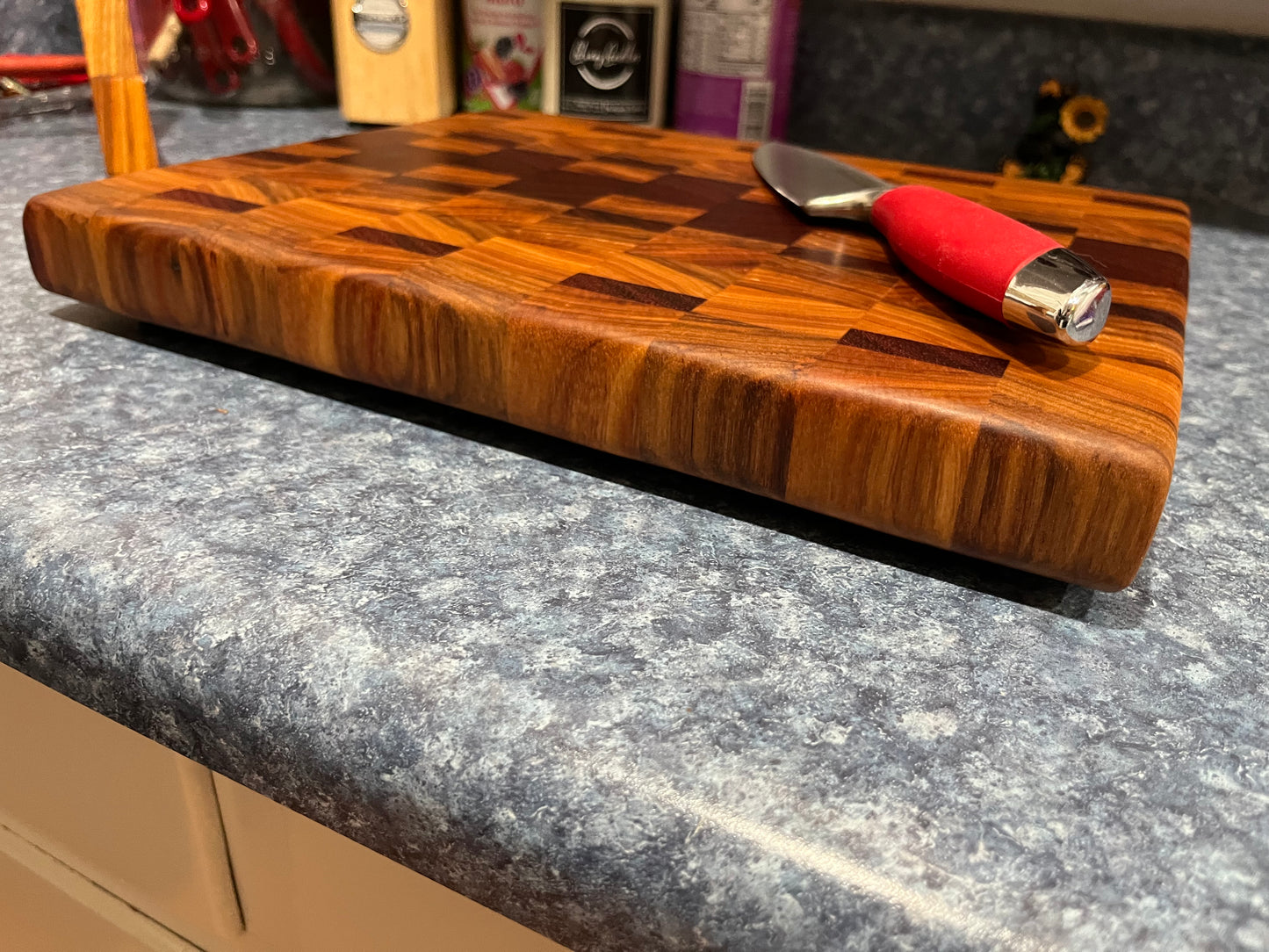 13-1/4" X 10-1/2" X 1-1/4" End Grain Cutting Board-Canarywood & Padauk w/Hand Holds cut on the bottom ends of the boards