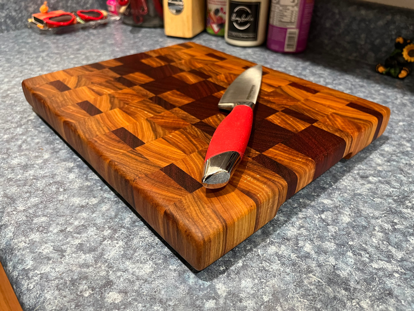 13-1/4" X 10-1/2" X 1-1/4" End Grain Cutting Board-Canarywood & Padauk w/Hand Holds cut on the bottom ends of the boards