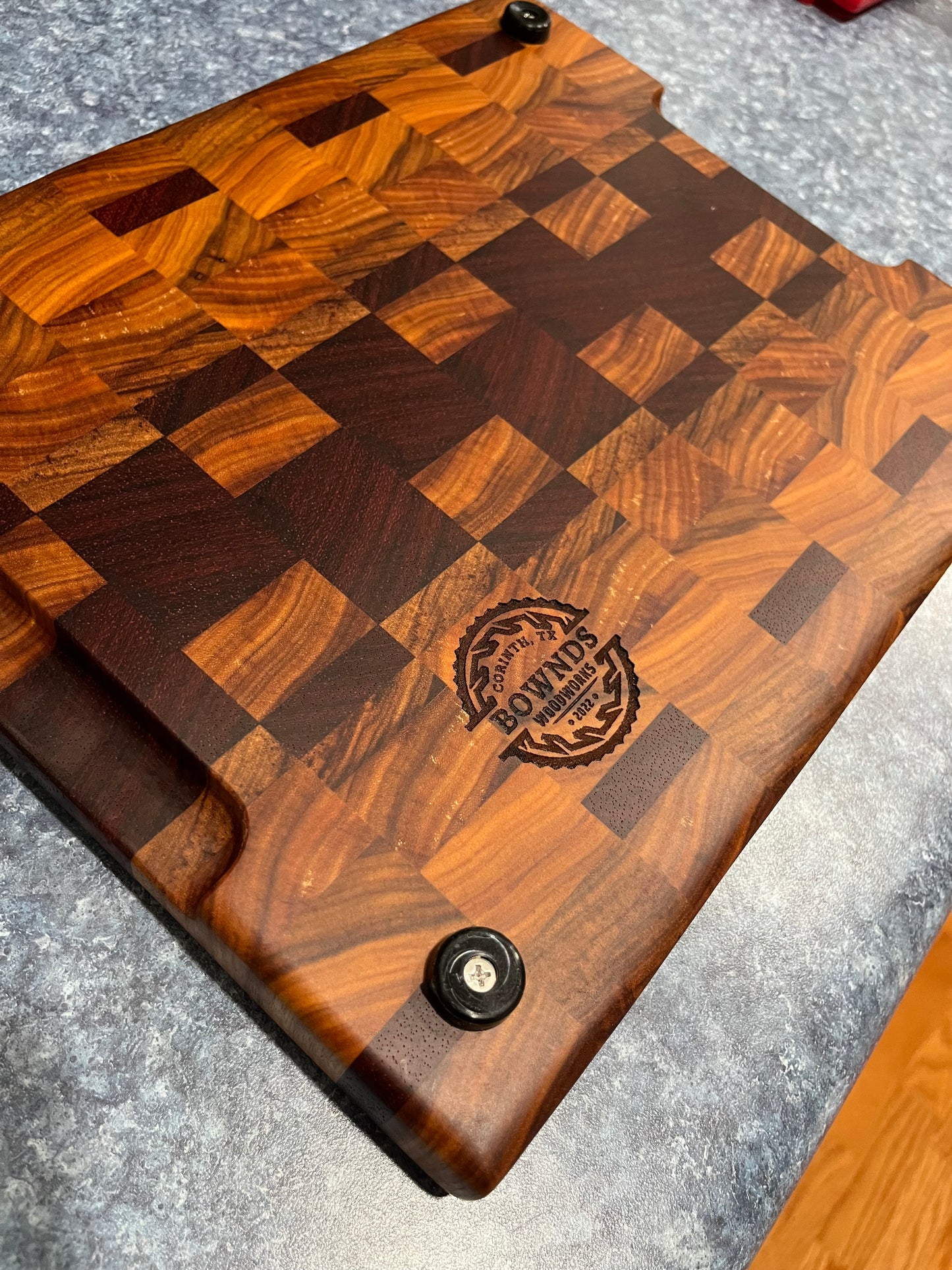 13-1/4" X 10-1/2" X 1-1/4" End Grain Cutting Board-Canarywood & Padauk w/Hand Holds cut on the bottom ends of the boards