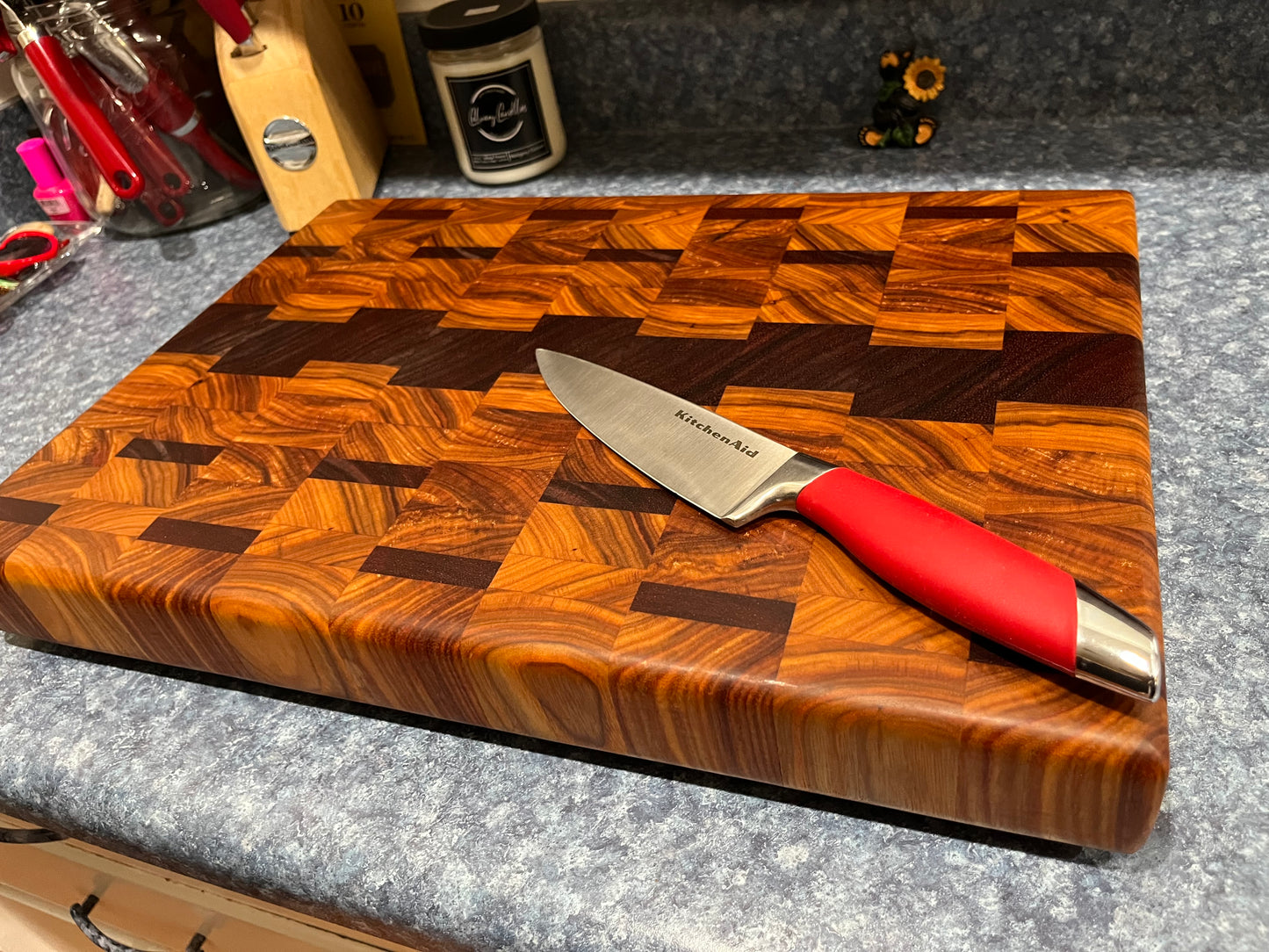 18" X 12-3/4" X 2" End Grain Cutting Board-Canarywood & Padauk w/Finger Holds cut on the ends of boards