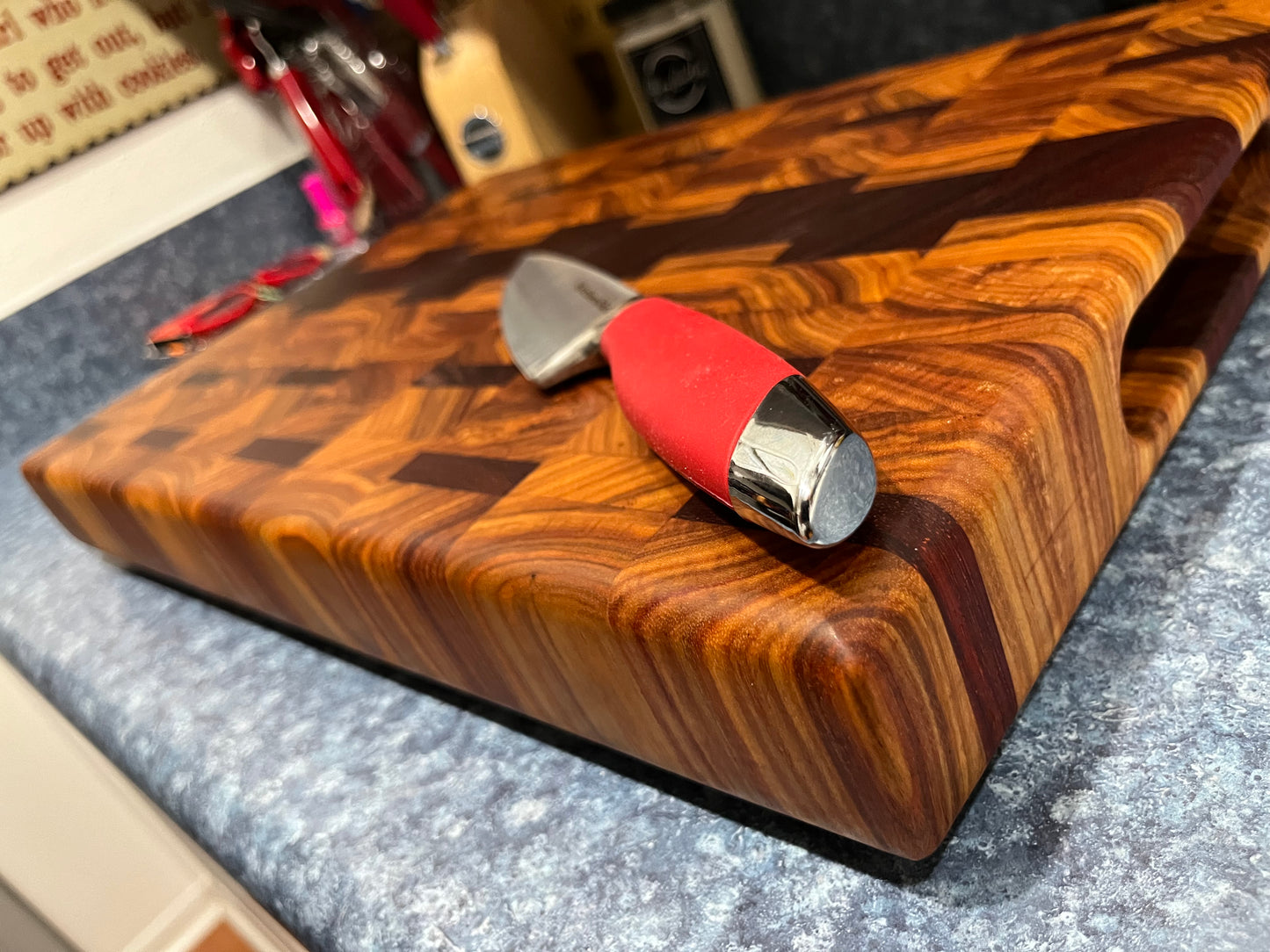 18" X 12-3/4" X 2" End Grain Cutting Board-Canarywood & Padauk w/Finger Holds cut on the ends of boards