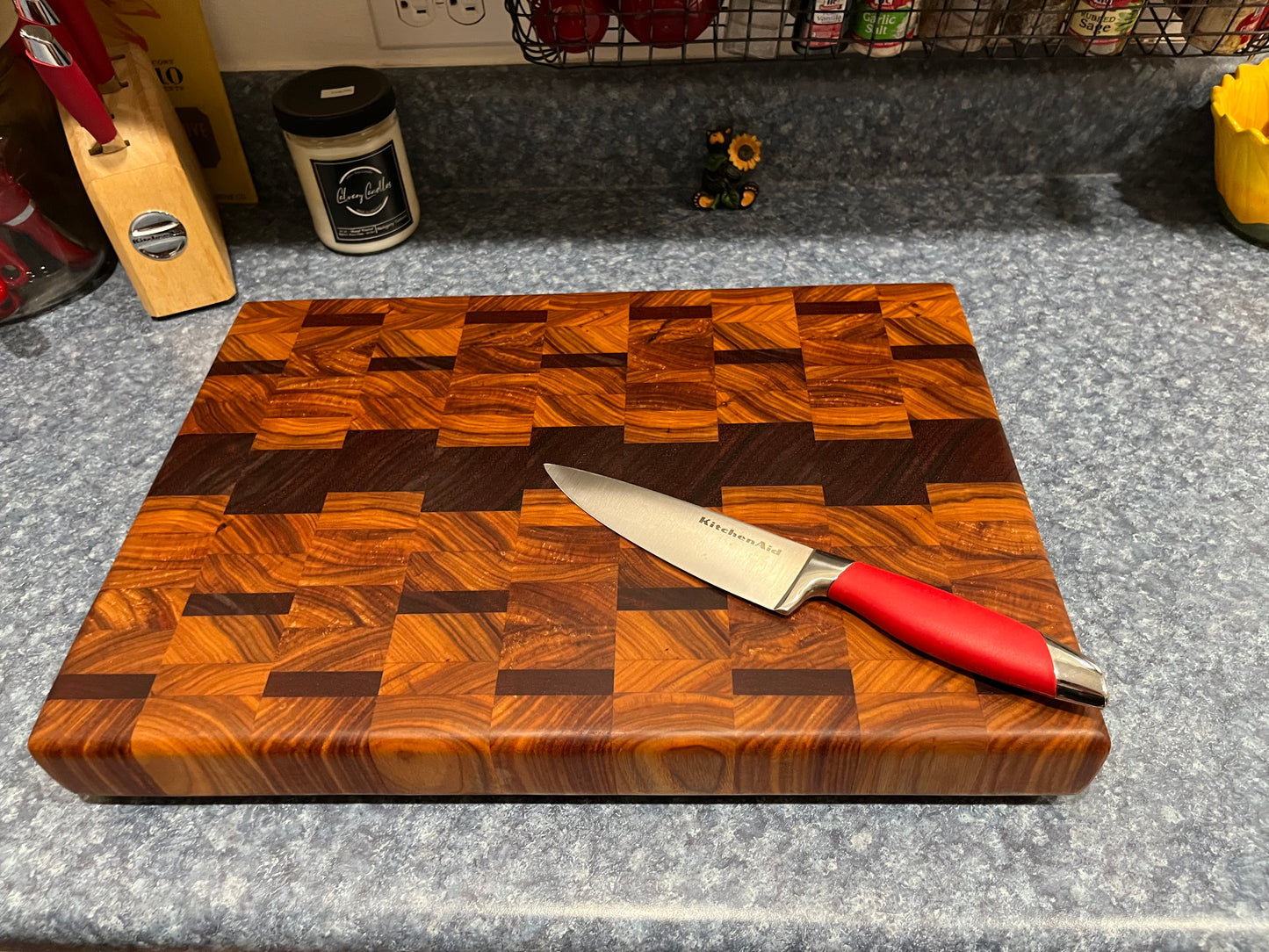 18" X 12-3/4" X 2" End Grain Cutting Board-Canarywood & Padauk w/Finger Holds cut on the ends of boards