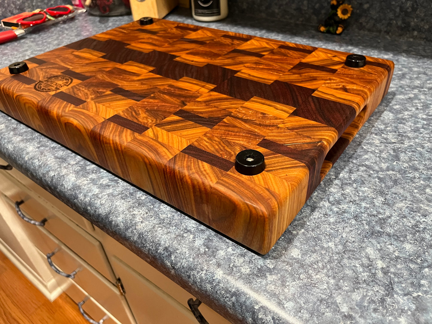 18" X 12-3/4" X 2" End Grain Cutting Board-Canarywood & Padauk w/Finger Holds cut on the ends of boards