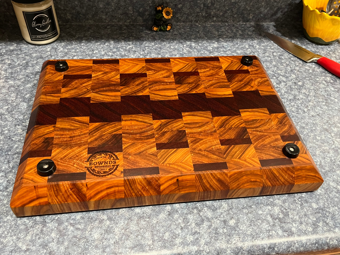 18" X 12-3/4" X 2" End Grain Cutting Board-Canarywood & Padauk w/Beveled Edges