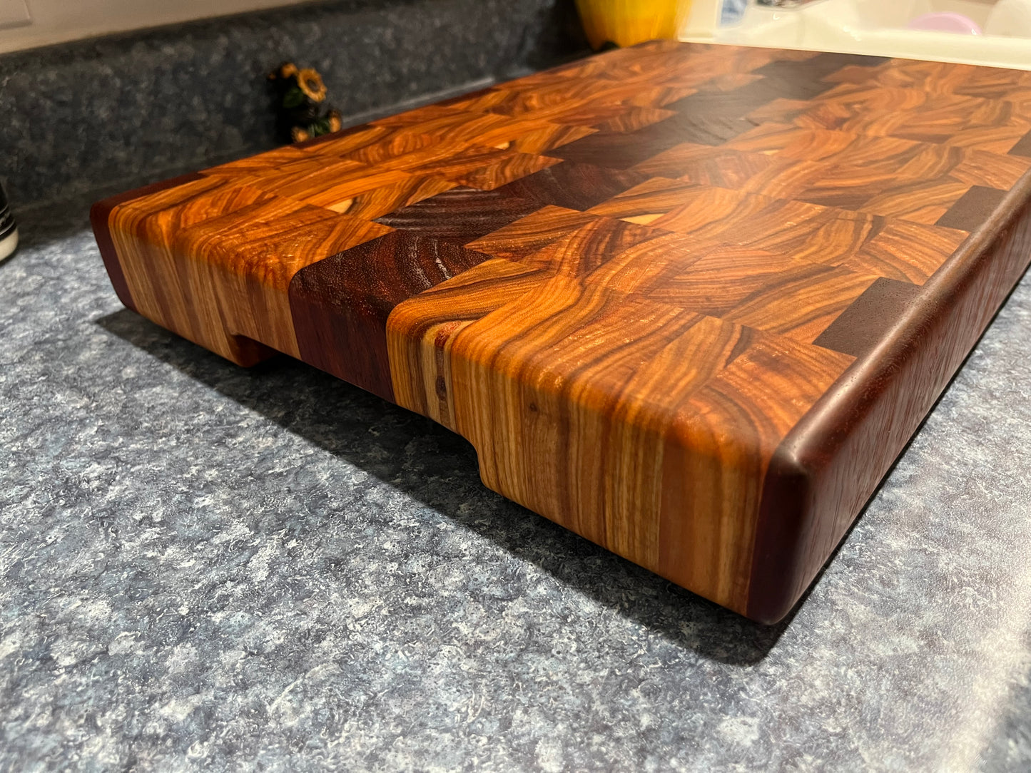 18" X 12-3/4" X 2" End Grain Cutting Board-Canarywood & Padauk w/Hand Holds cut on the bottom ends of the boards