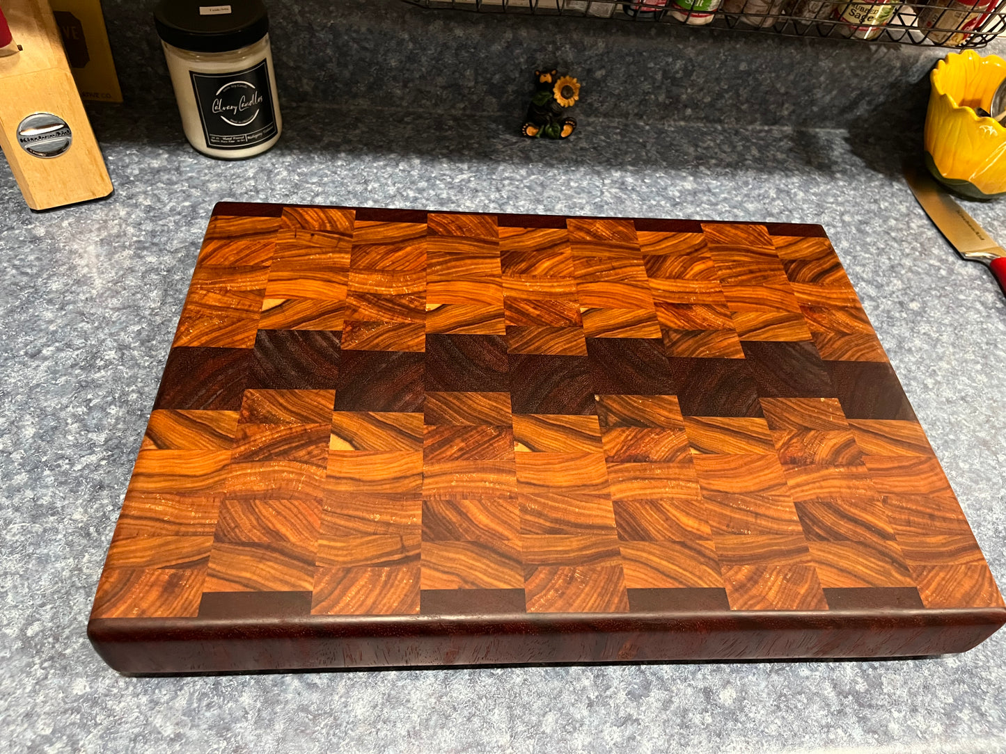 18" X 12-3/4" X 2" End Grain Cutting Board-Canarywood & Padauk w/Hand Holds cut on the bottom ends of the boards