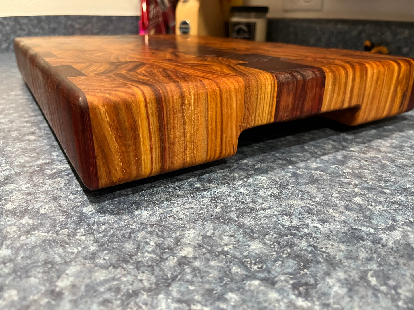 18" X 12-3/4" X 2" End Grain Cutting Board-Canarywood & Padauk w/Hand Holds cut on the bottom ends of the boards