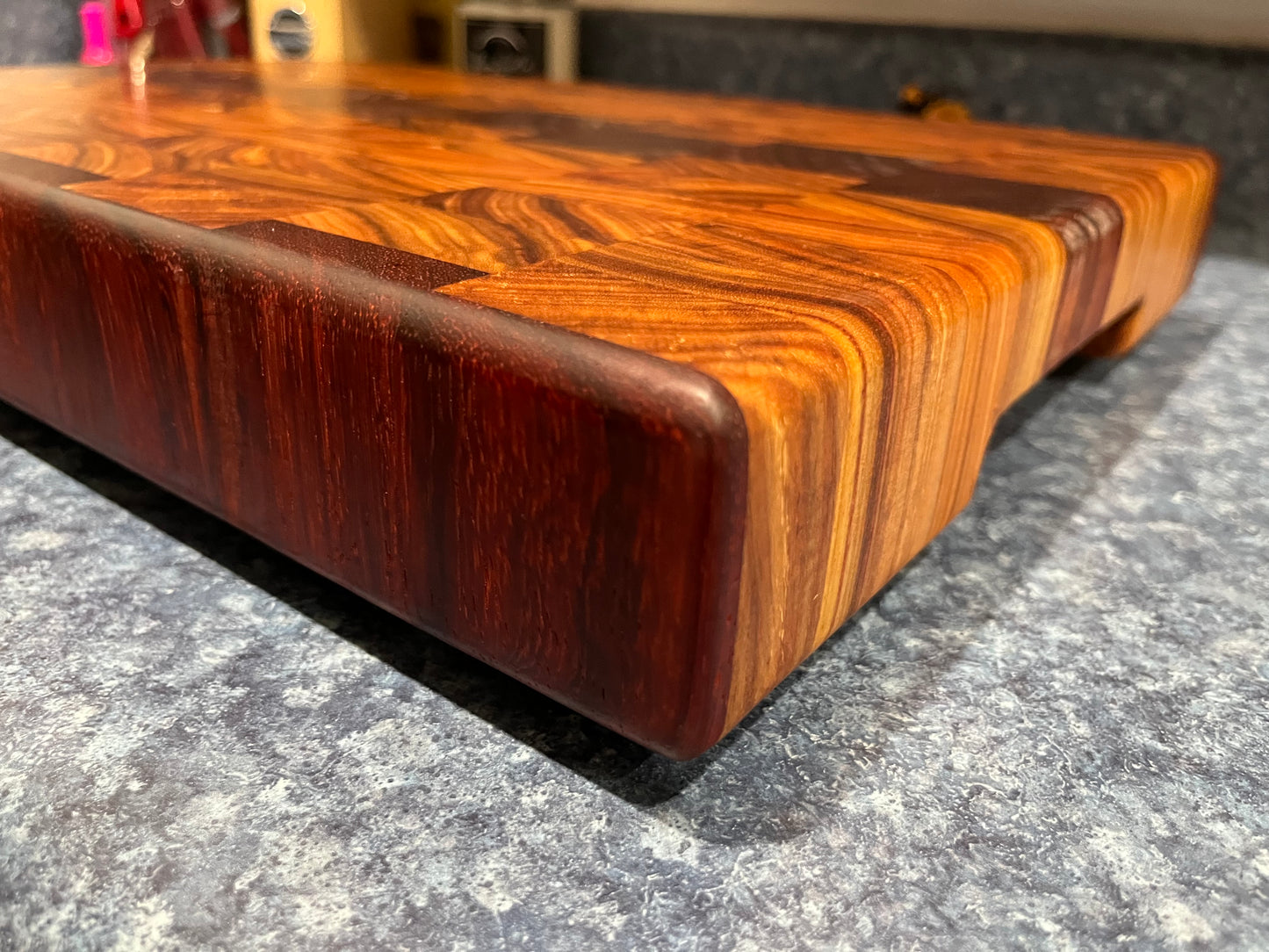 18" X 12-3/4" X 2" End Grain Cutting Board-Canarywood & Padauk w/Hand Holds cut on the bottom ends of the boards