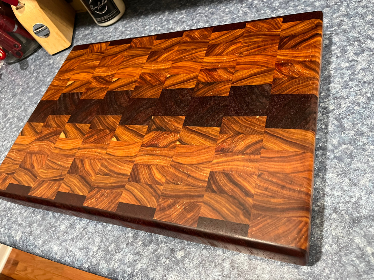 18" X 12-3/4" X 2" End Grain Cutting Board-Canarywood & Padauk w/Hand Holds cut on the bottom ends of the boards