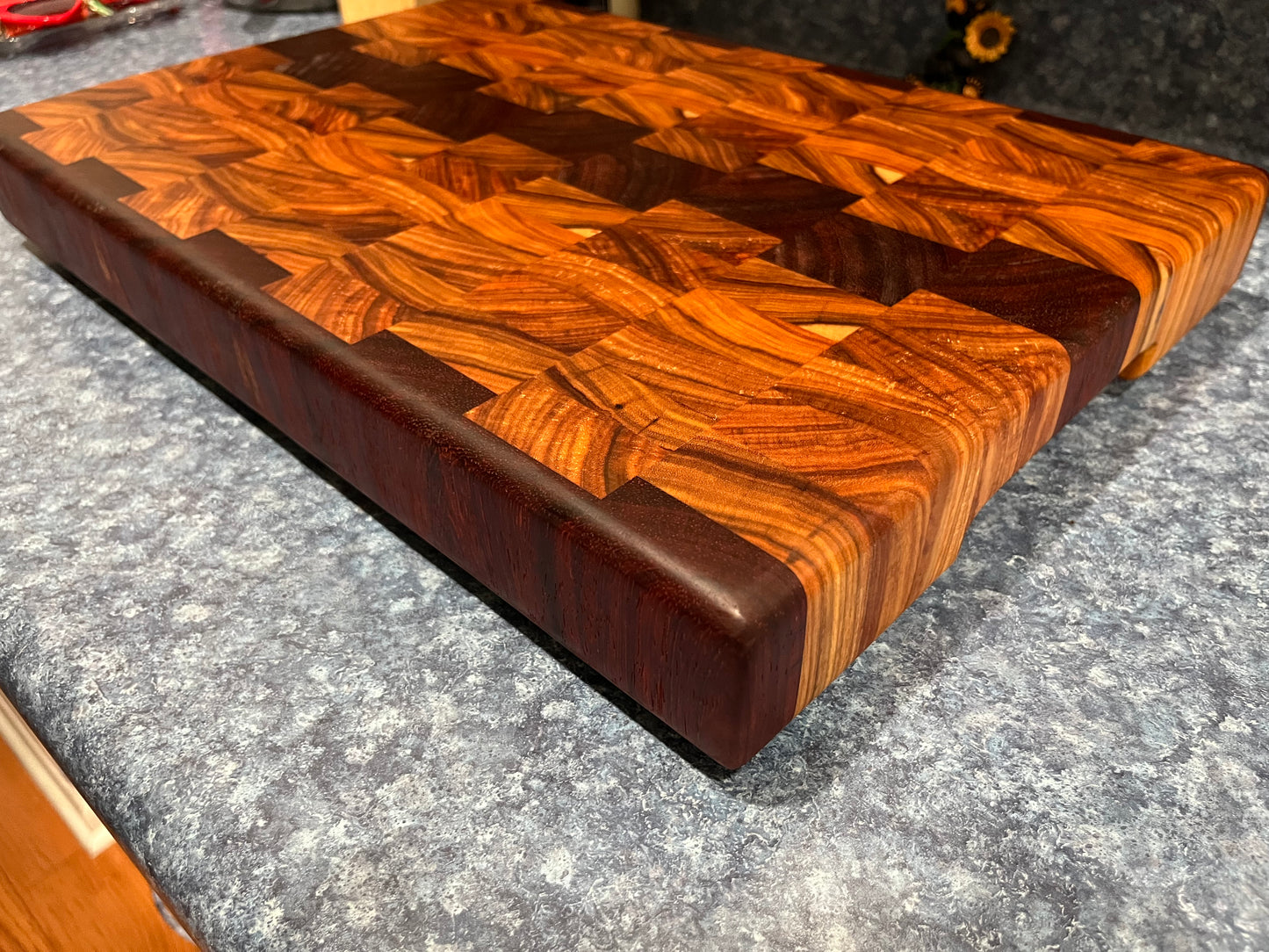 18" X 12-3/4" X 2" End Grain Cutting Board-Canarywood & Padauk w/Hand Holds cut on the bottom ends of the boards