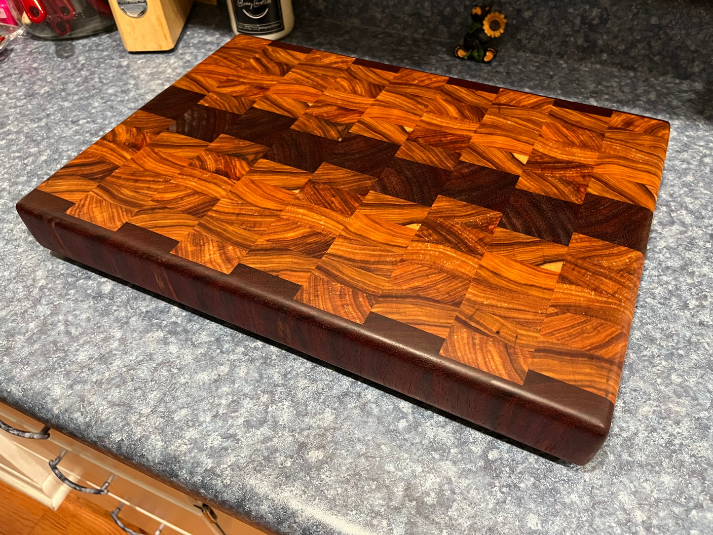 18" X 12-3/4" X 2" End Grain Cutting Board-Canarywood & Padauk w/Hand Holds cut on the bottom ends of the boards