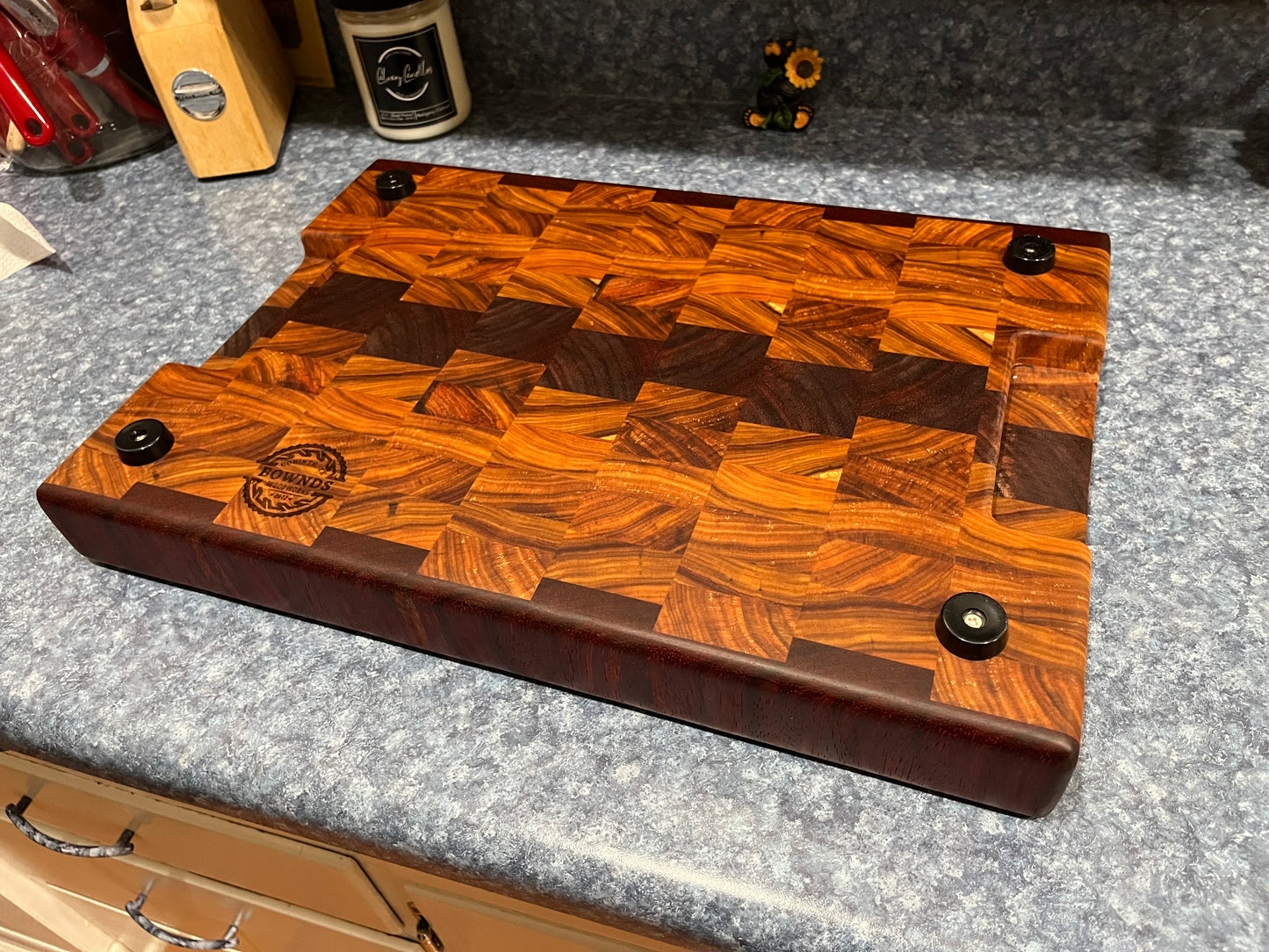 18" X 12-3/4" X 2" End Grain Cutting Board-Canarywood & Padauk w/Hand Holds cut on the bottom ends of the boards