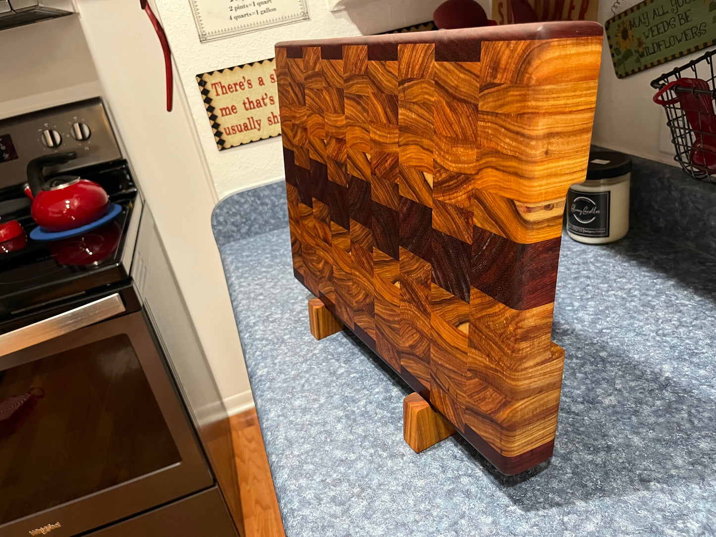 18" X 12-3/4" X 2" End Grain Cutting Board-Canarywood & Padauk w/Hand Holds cut on the bottom ends of the boards