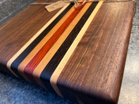 19-5/8"L X 13"W X 2"H Walnut edge grain cutting board with cherry, maple, African wenge & padauk accent strips.