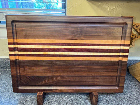 19-1/2"L X 13"W X 2"H Edge Grain Cutting Board w/Juice Groove-Walnut, with Cherry, Maple, Padauk accent strips