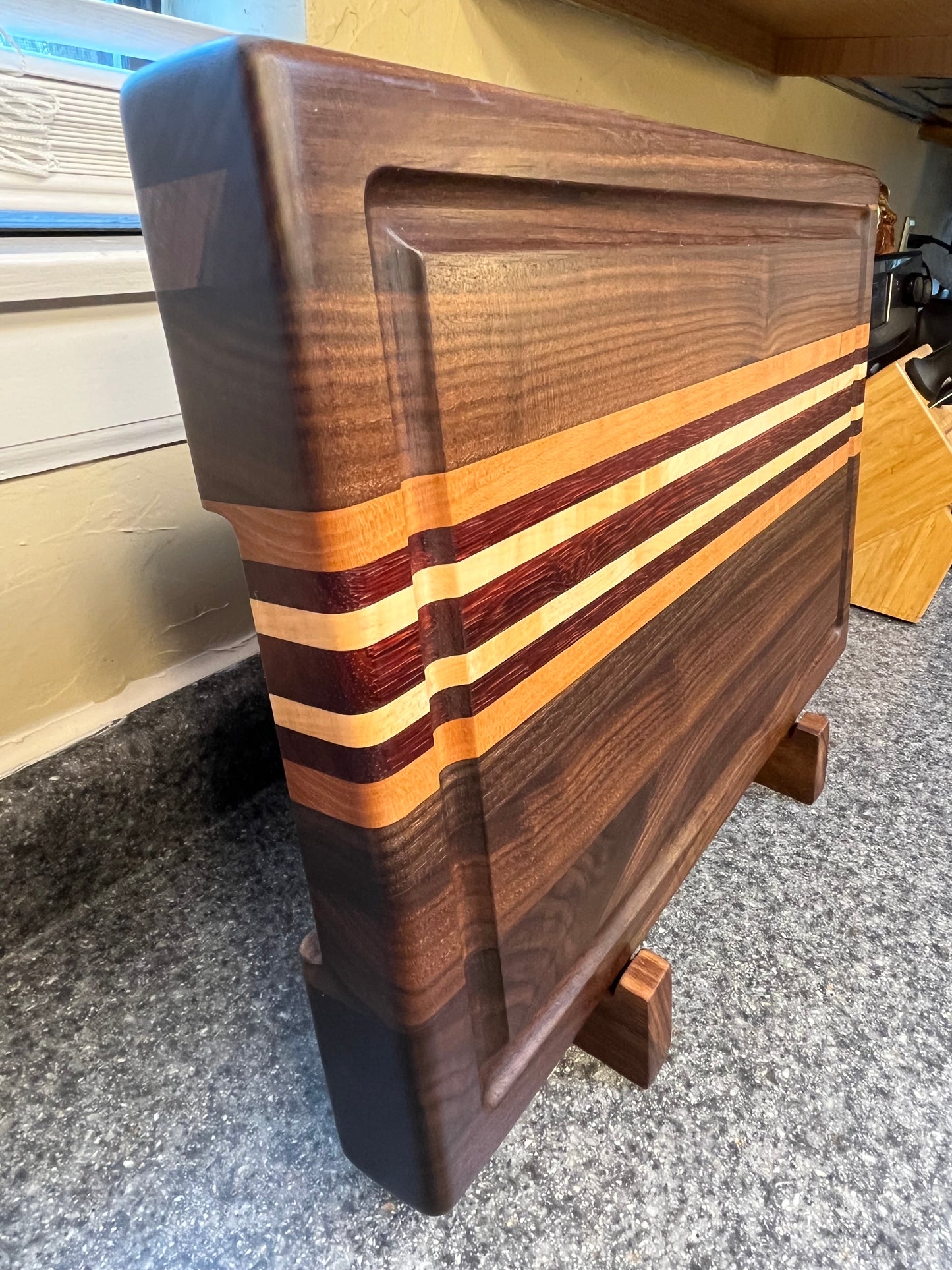 19-1/2"L X 13"W X 2"H Edge Grain Cutting Board w/Juice Groove-Walnut, with Cherry, Maple, Padauk accent strips