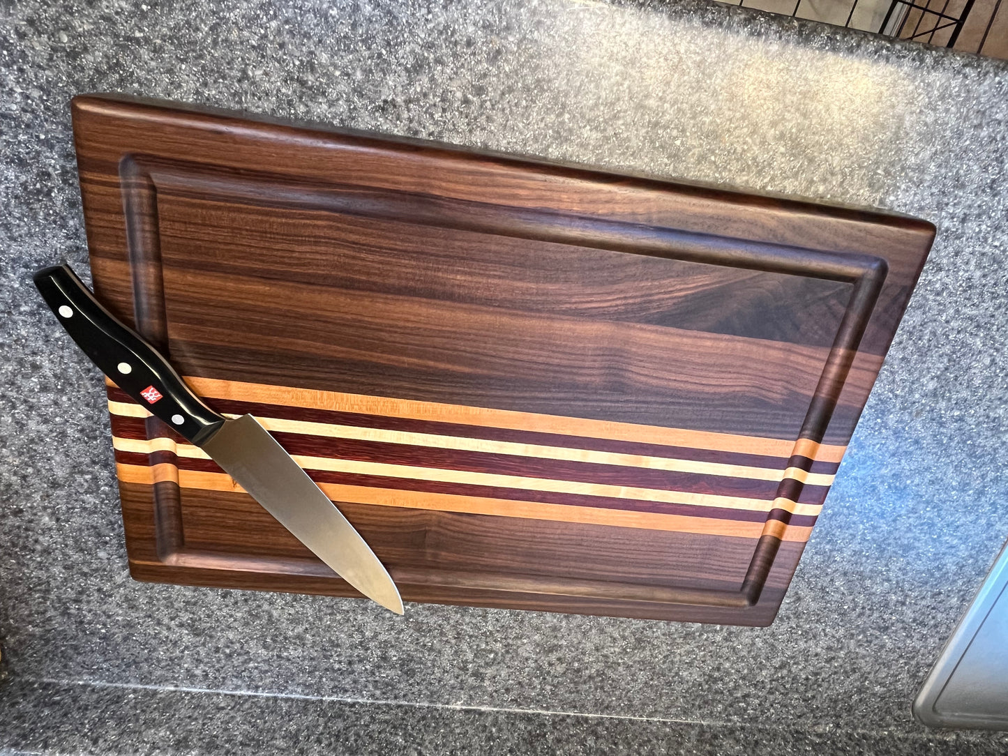 19-1/2"L X 13"W X 2"H Edge Grain Cutting Board w/Juice Groove-Walnut, with Cherry, Maple, Padauk accent strips