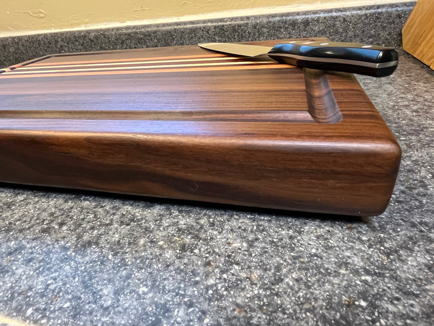 19-1/2"L X 13"W X 2"H Edge Grain Cutting Board w/Juice Groove-Walnut, with Cherry, Maple, Padauk accent strips