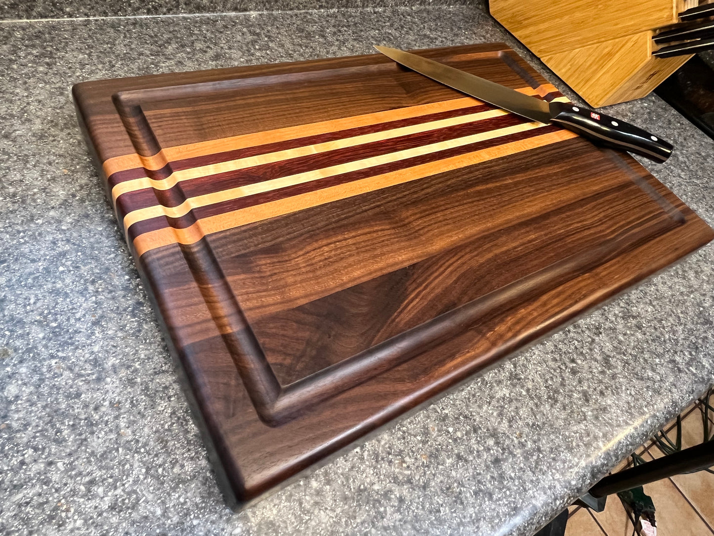 19-1/2"L X 13"W X 2"H Edge Grain Cutting Board w/Juice Groove-Walnut, with Cherry, Maple, Padauk accent strips