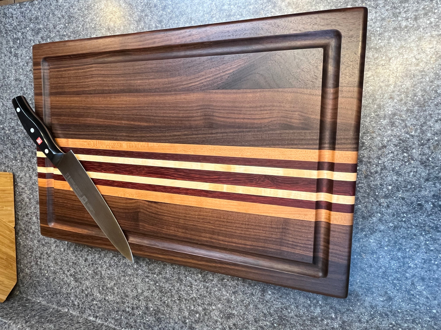 19-1/2"L X 13"W X 2"H Edge Grain Cutting Board w/Juice Groove-Walnut, with Cherry, Maple, Padauk accent strips