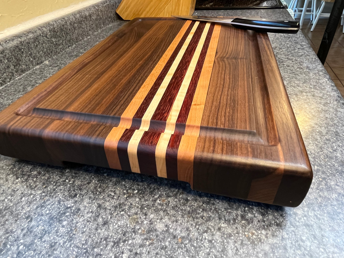 19-1/2"L X 13"W X 2"H Edge Grain Cutting Board w/Juice Groove-Walnut, with Cherry, Maple, Padauk accent strips