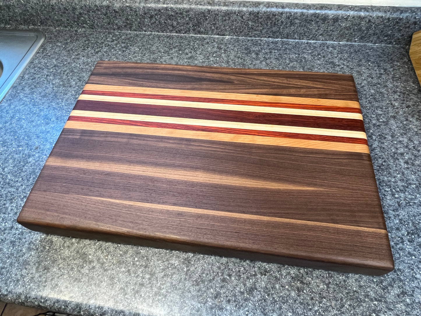 19-1/2"L X 13-3/8"W X 2"H Edge Grain Cutting Board-Walnut, with Cherry, Maple, Padauk accent strips